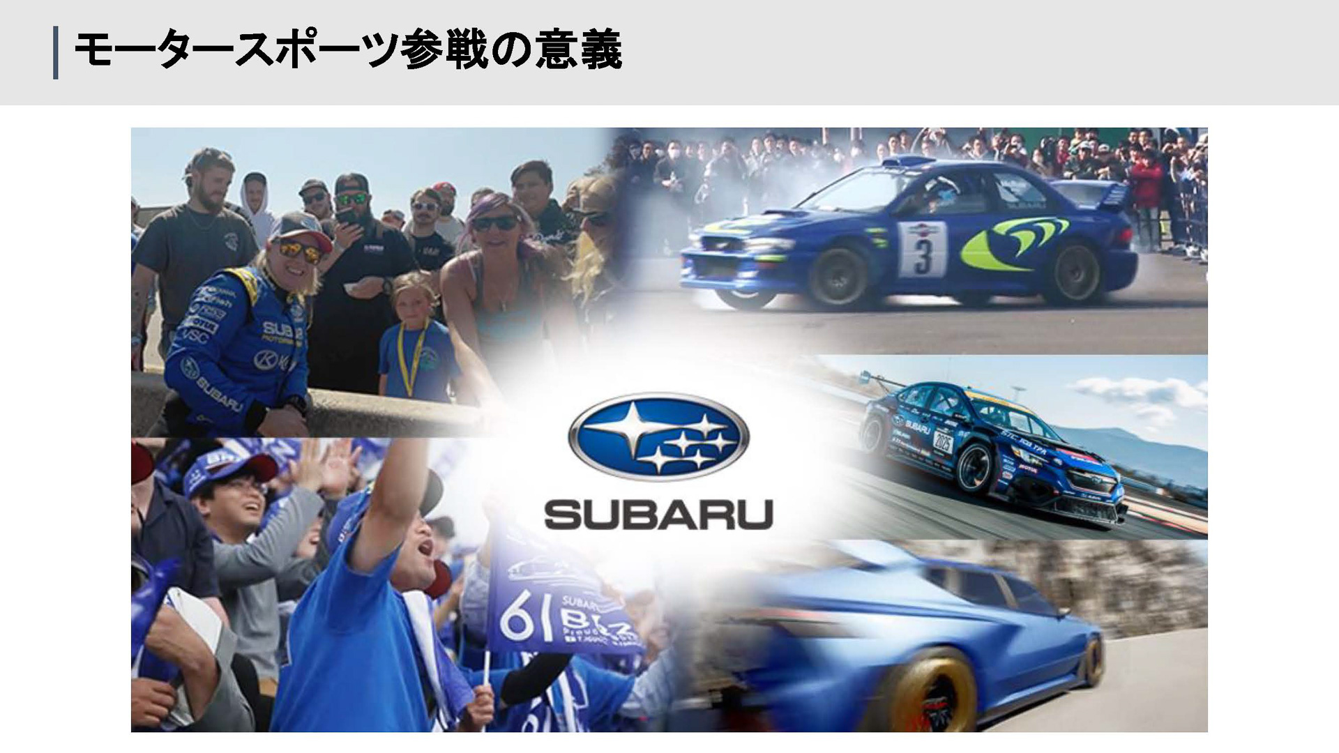 モータースポーツ参戦の意義。WRCの参戦ラリー車が最も上にあるのが気になるスライド