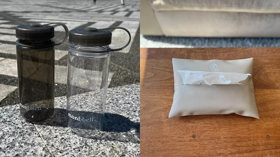 Mont・bellコラボ 500mlクリアボトル（左）、フォルクスワーゲンオリジナルティッシュケース（右）