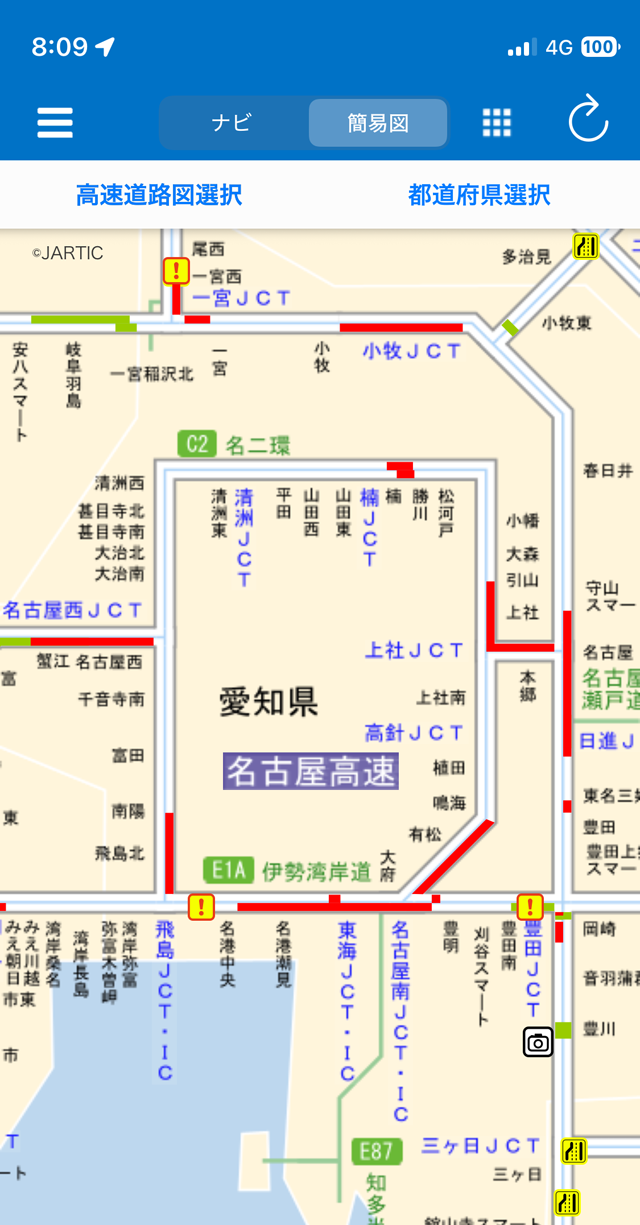 伊勢湾岸道以外、東名阪、名二環の飛島JCTの北側も渋滞