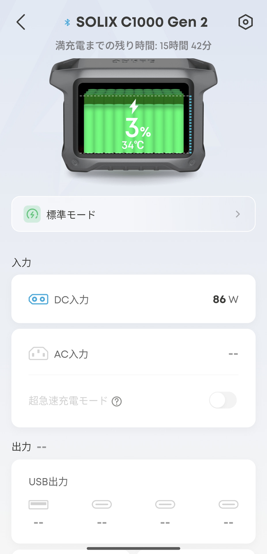 シガーソケット用ケーブルで充電したところ。充電電力は86Wで3％から満充電までの時間は15時間42分と表示されている