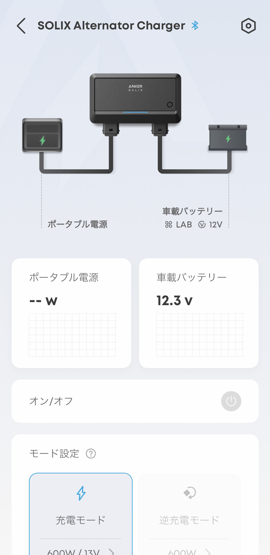設定が終わると使える状態に。右下の「オン/オフ」のボタンをタッチすると充電開始