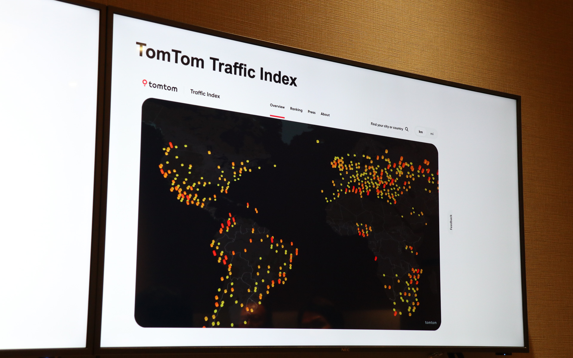 TomTom Traffic Indexはグローバルの500都市以上をカバー。都市だけでなく国単位での表示も可能となっている