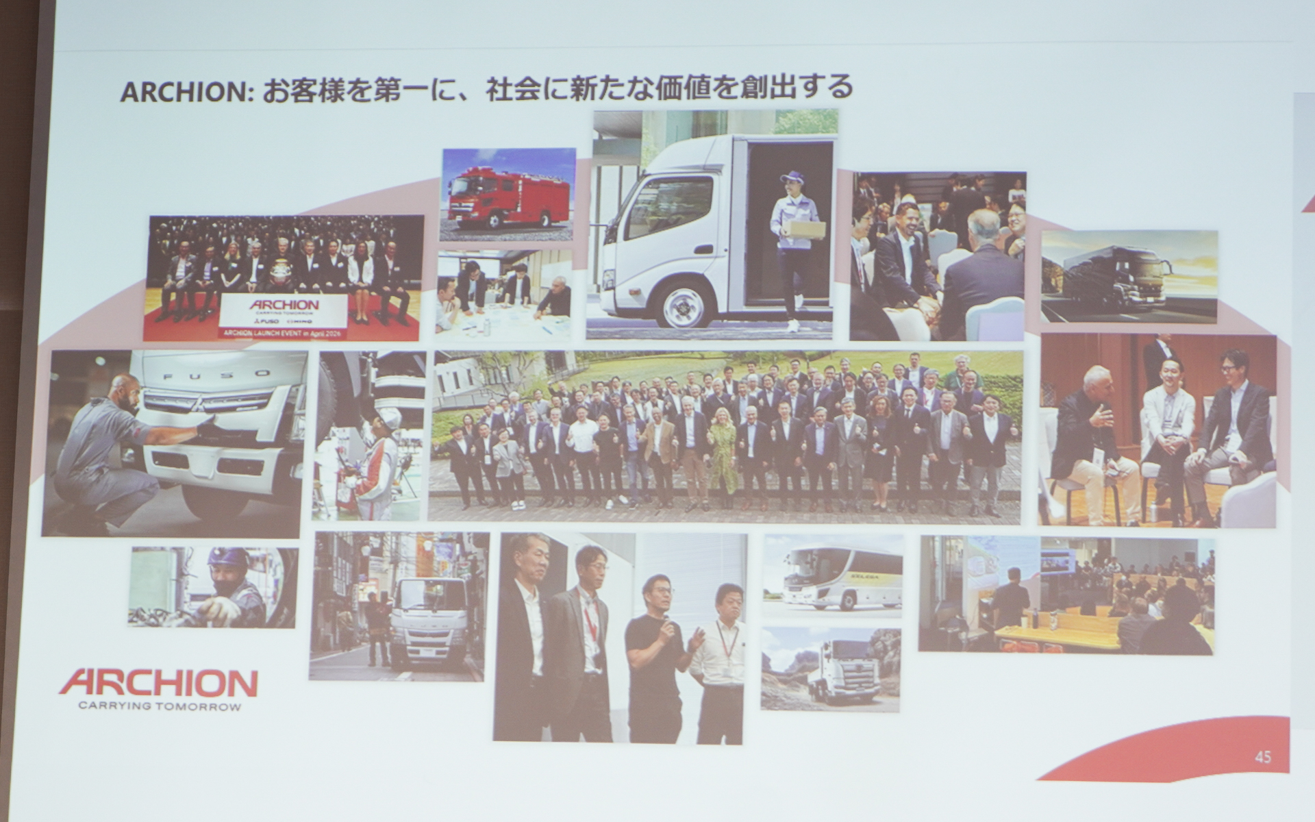 ローンチイベント、経営陣、メカニック、ドライバー、顧客、関わる方々が写っている写真を示し、これらがすべてアーチオンだとした