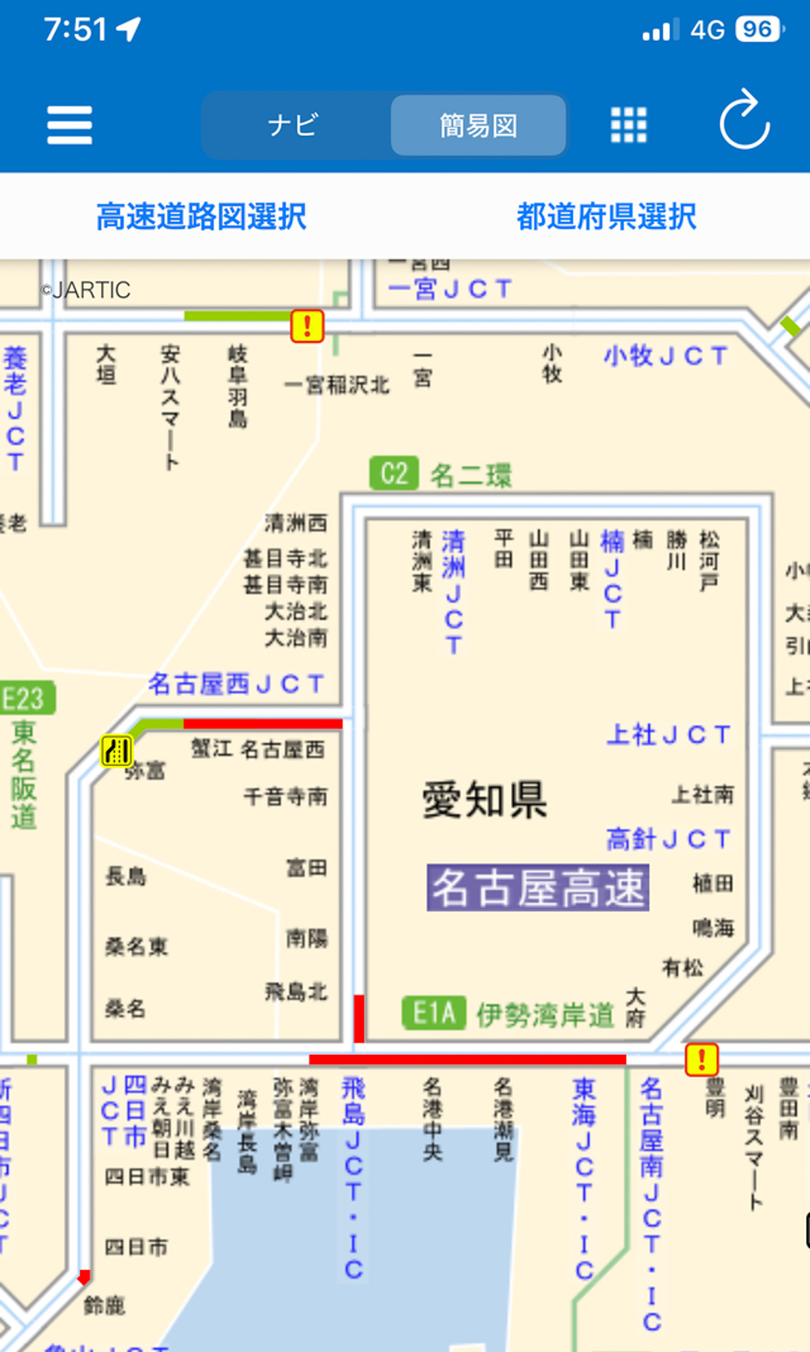 土曜日、朝の渋滞。鈴鹿方面に向かう東名阪も伊勢湾岸道も渋滞中
