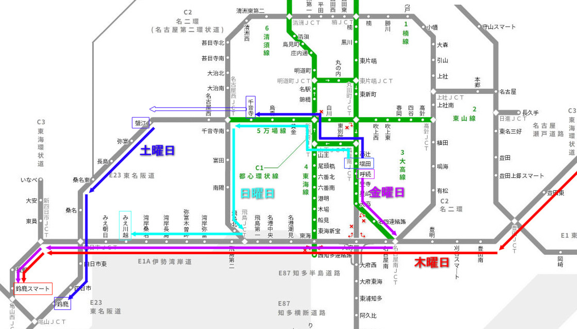 木曜、金曜、土曜、日曜の朝の移動ルート。伊勢湾岸道の飛島JCTの東側が毎日渋滞した