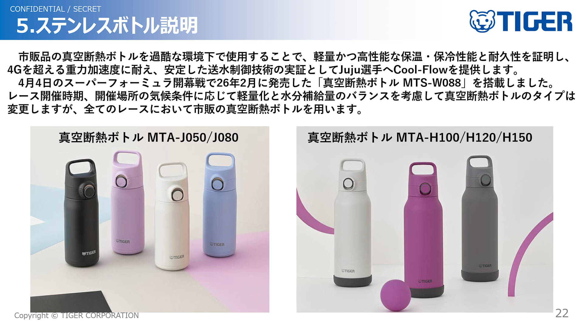 タイガー魔法瓶が市販している真空断熱ボトルを採用。ストロー付き真空断熱ボトル「MTS-W088」や、容量のバリエーションが多い真空断熱ボトル「MTA-J」型や「MTA-H」型など、レースによってタイプを変更することもできる