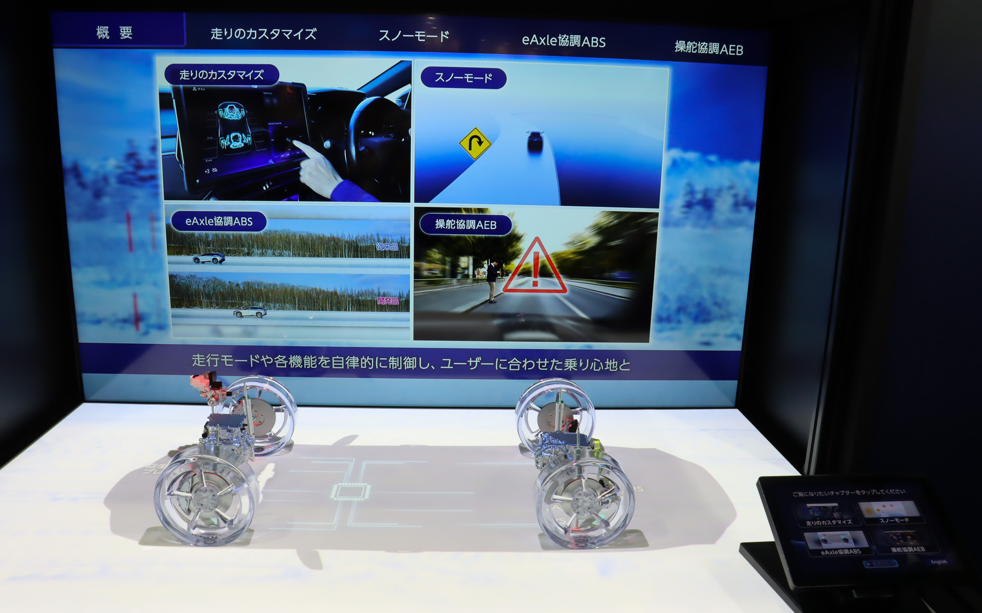 タイヤやeAxleの模型と映像を組み合わせ、4つのシーンでそれぞれにどのような制御を行ない、どのような効果を生み出すか解説する
