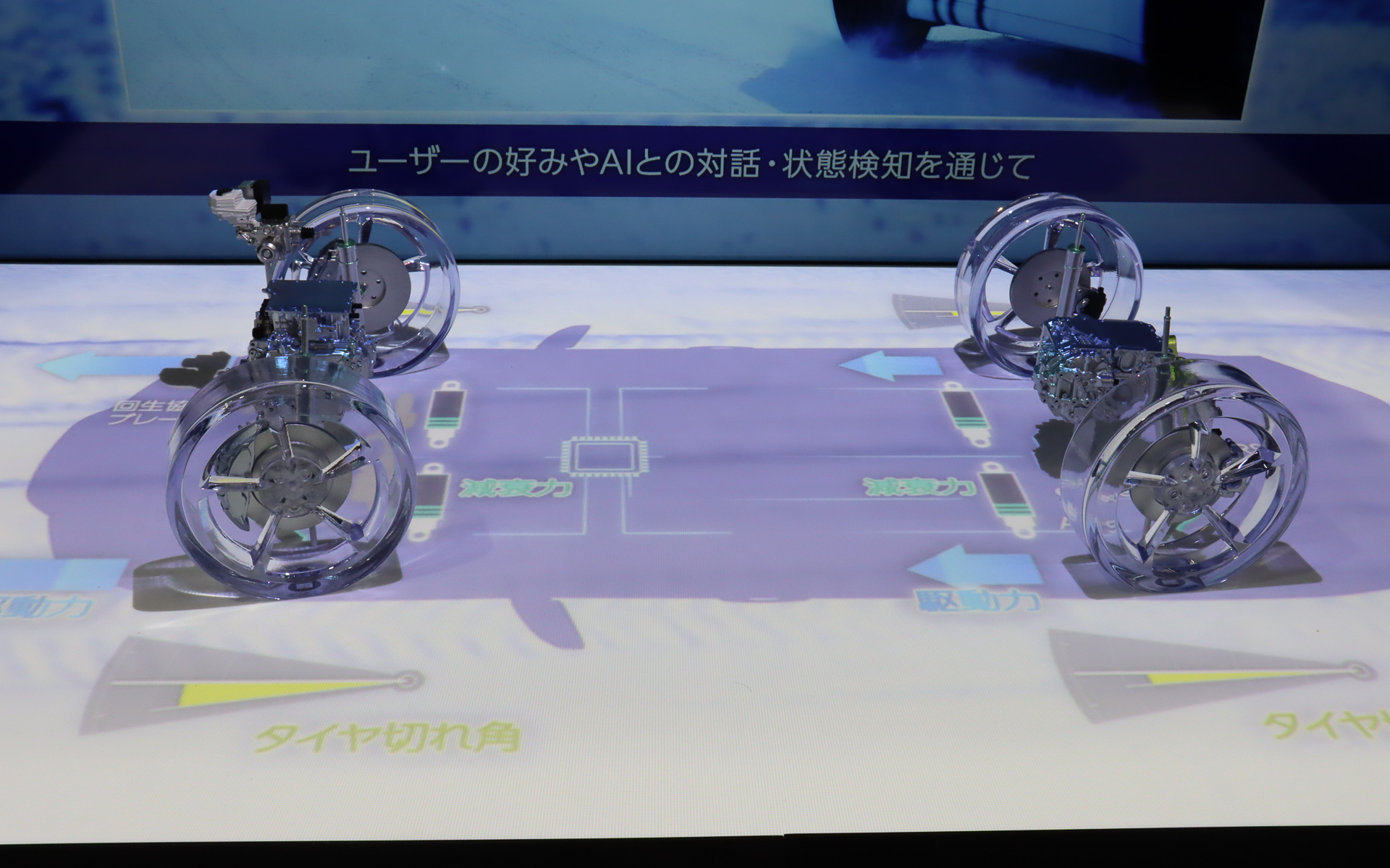 映像は壁面側に加えてフロア側にも投写され、路面状況と制御の関係なども分かりやすく紹介される