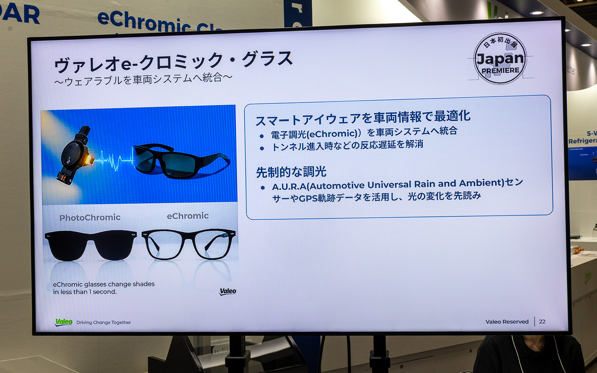 車体側に装着した調光センサーとリンクするスマートアイウェア。GPSデータも活用することで光の変化を先読みして、レンズの色を変えていく