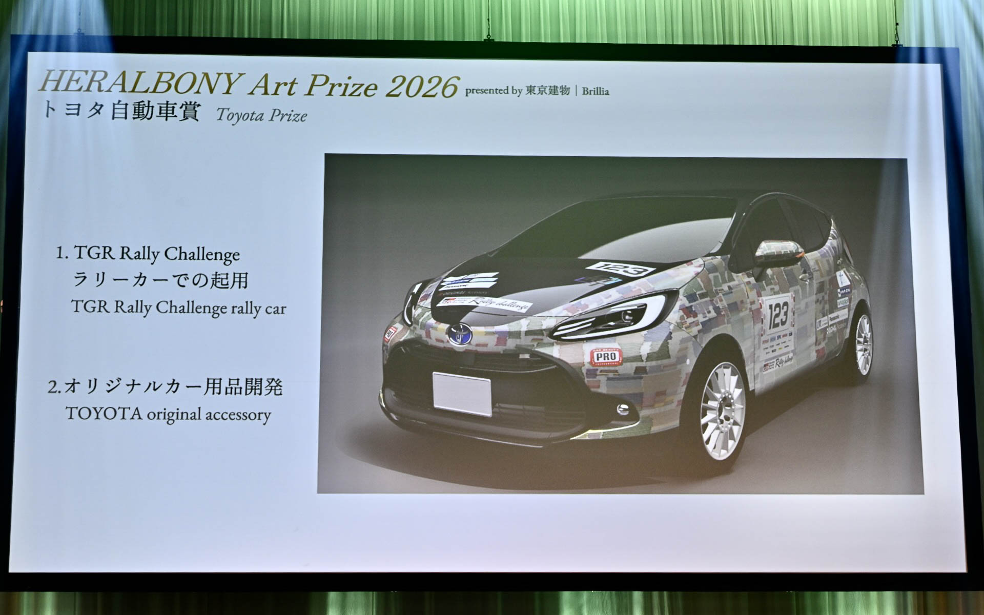 トヨタ自動車賞受賞作品は、ラリーカーの外装デザインやオリジナルカー用品開発にも用いられる