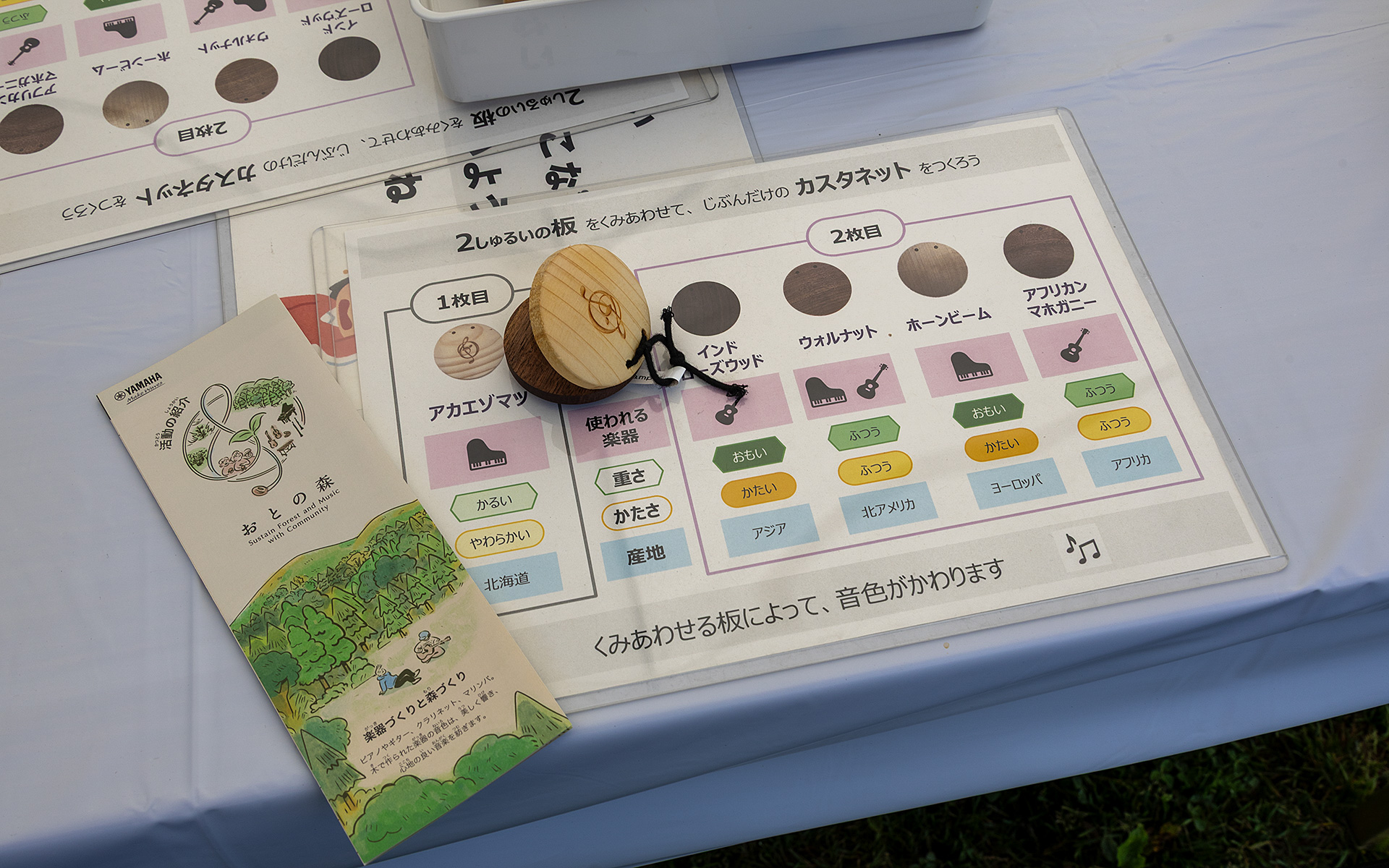 楽器メーカーのヤマハは、楽器作りに欠かせない木材を育てるため「おとの森」という活動をしている。そのPRとして楽器に使う木材の紹介や、木材ごとの音の違いを体験できるコーナーを構えていた