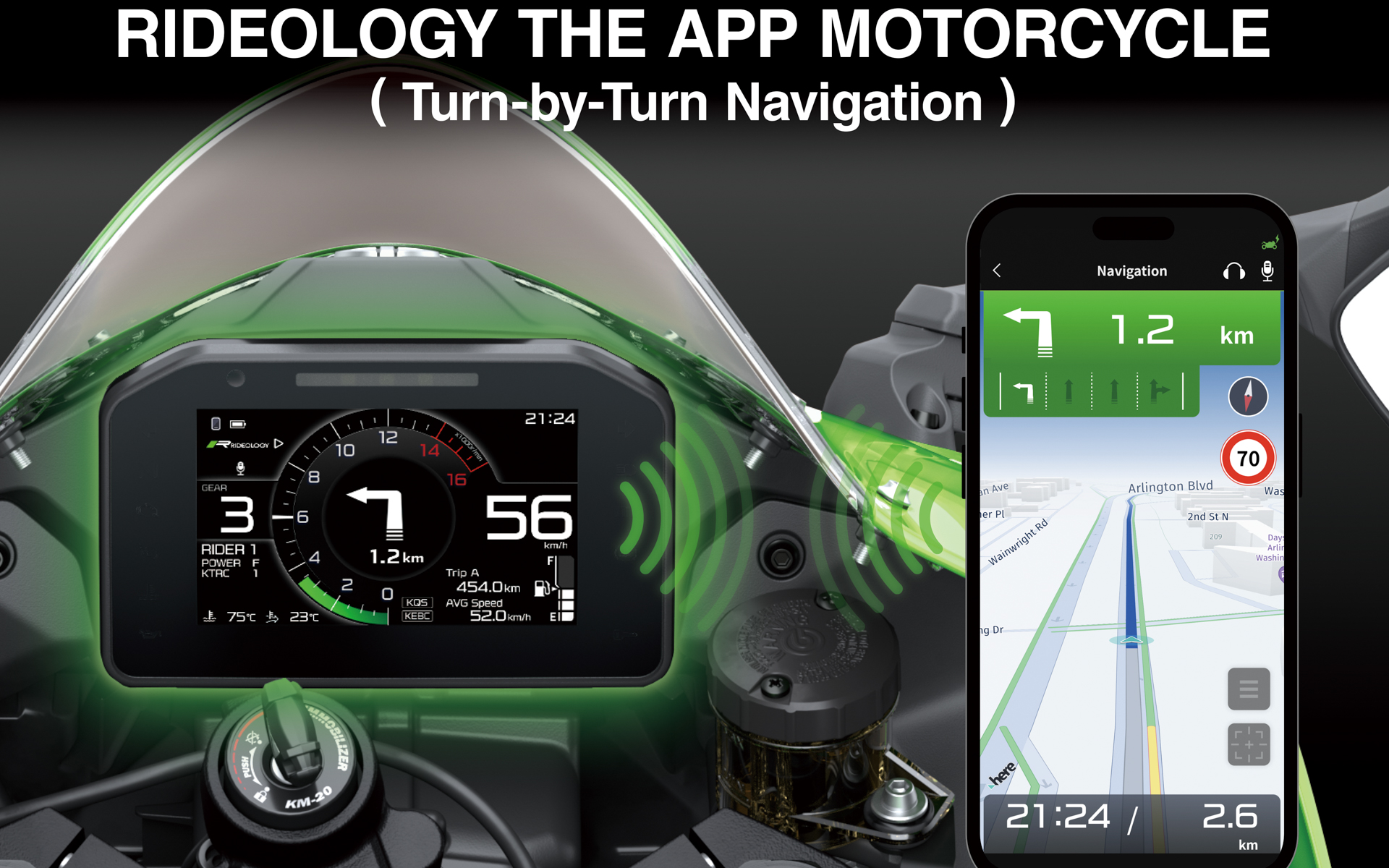 スマートフォンアプリ「RIDEOLOGY THE APP MOTORCYCLE」の「音声コマンド」、「ナビ機能」が利用可能