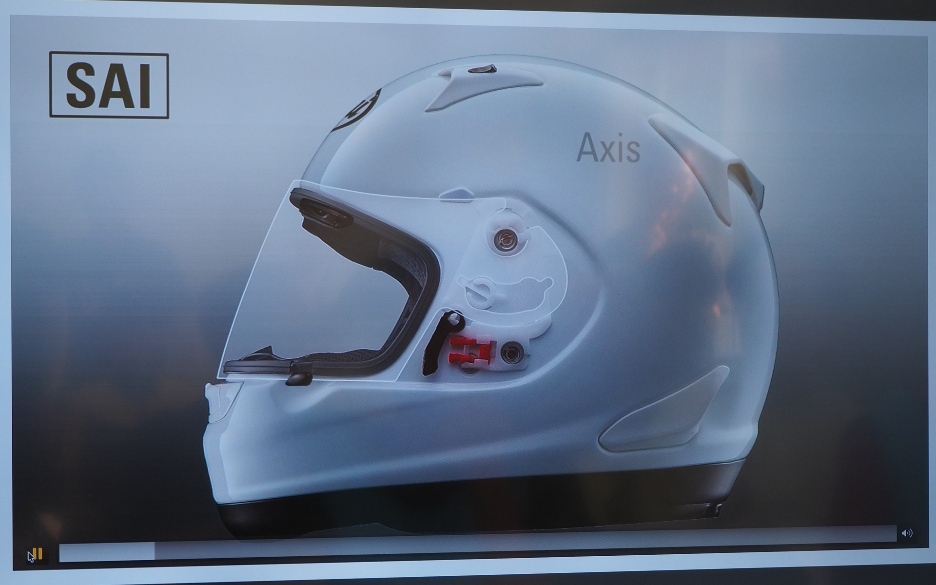 過去の二輪用ヘルメットや、四輪用のGP-6などが採用していた「SAI（スーパー・アドシス・アイ）」は、シールドの開閉軸（AXIS）が固定位置だったため機構の取り付け場所を高くするしかなかった