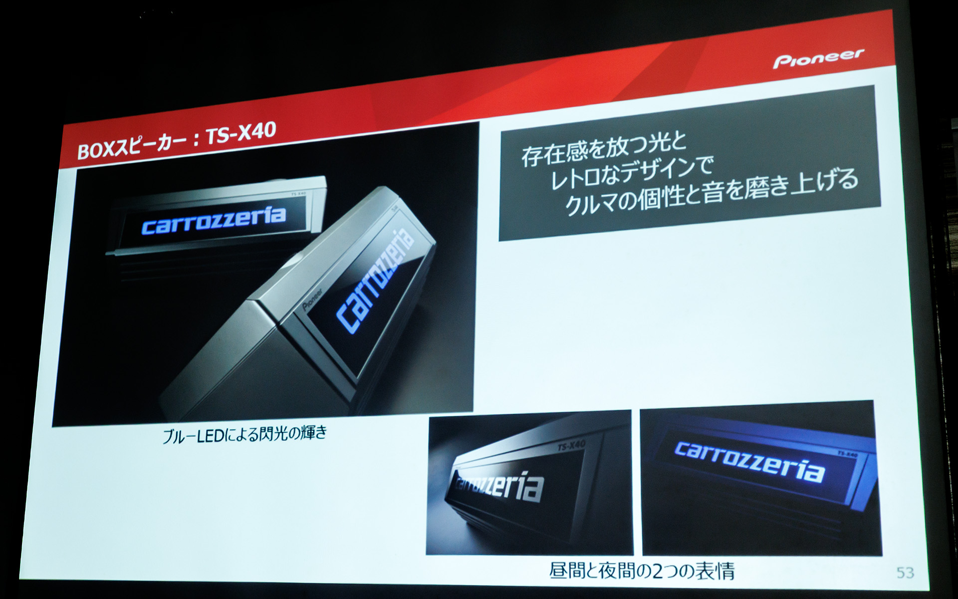 非発光時はハーフミラー、発光時はブルーに光る。他の色も検討されたが保安基準との兼ね合いでブルーになったそうだ