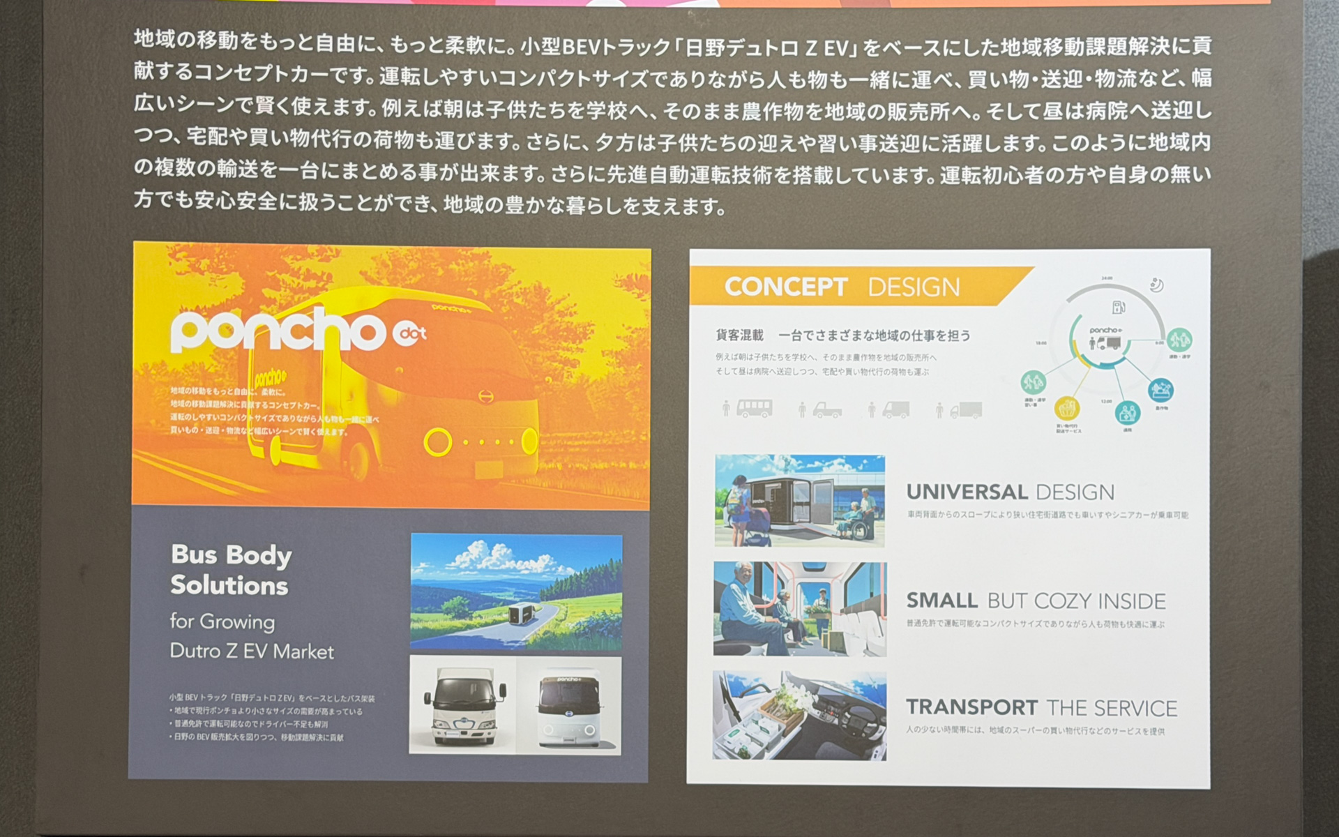 「Poncho dot」は「デュトロ Z EV」をベースにした地域移動課題解決に貢献するコンセプトカー。コンセプトデザインやユニバーサルデザインを紹介する解説パネル