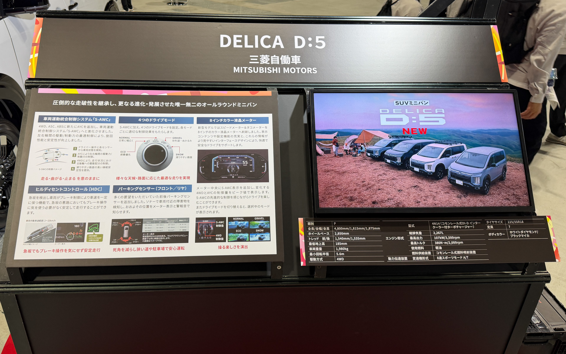 デリカ D:5に採用された「S-AWC」などの搭載技術を紹介している