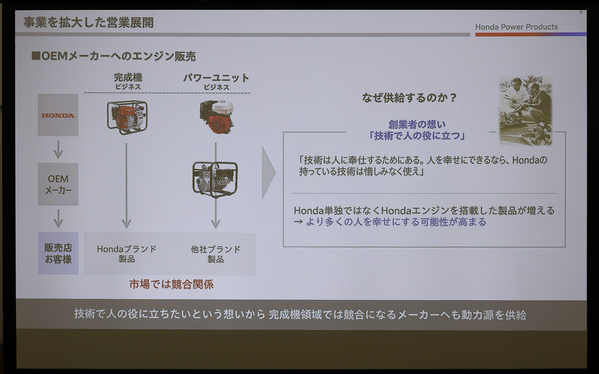 自社製品と供給先製品と市場で競合することもあるが、ホンダのエンジンを搭載する製品が増えることが、結果として人の役に立つと考えている
