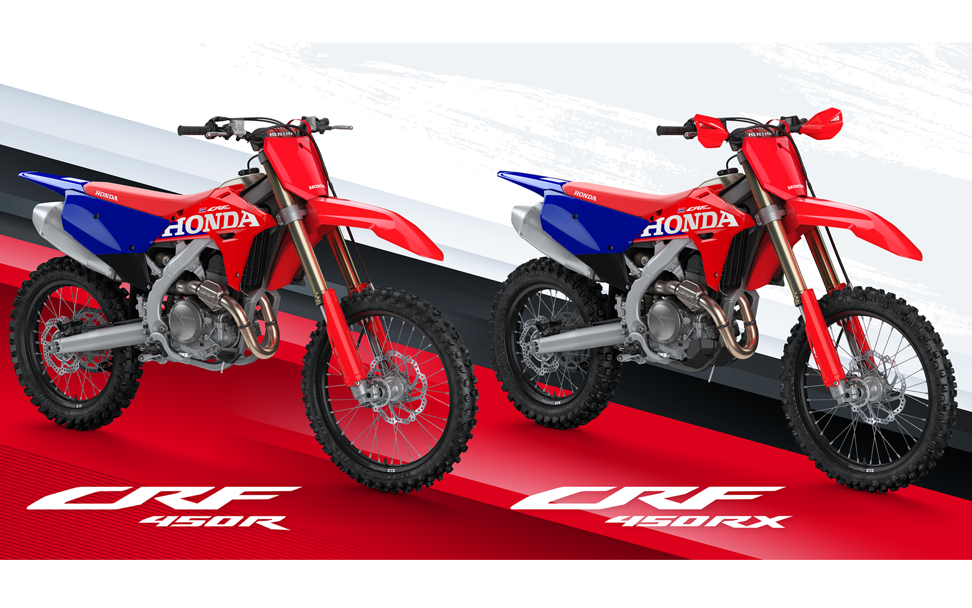 ホンダがフルモデルチェンジを実施したモトクロス競技専用車「CRF450R（左）」とエンデューロ競技専用車「CRF450RX（右）」