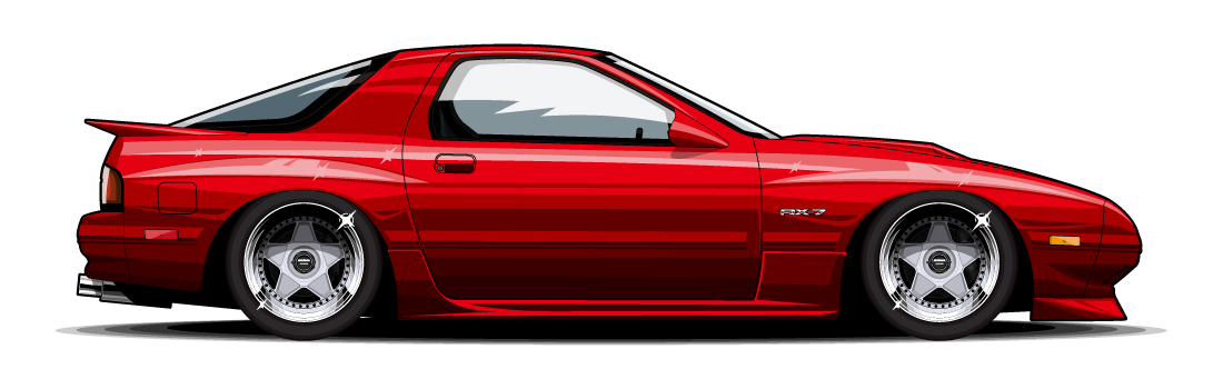 マツダ「RX-7（FC3S）」装着イメージイラスト（前17×7.5J・価格16万7200円/本、後17×9.0J・価格17万3800円/本）