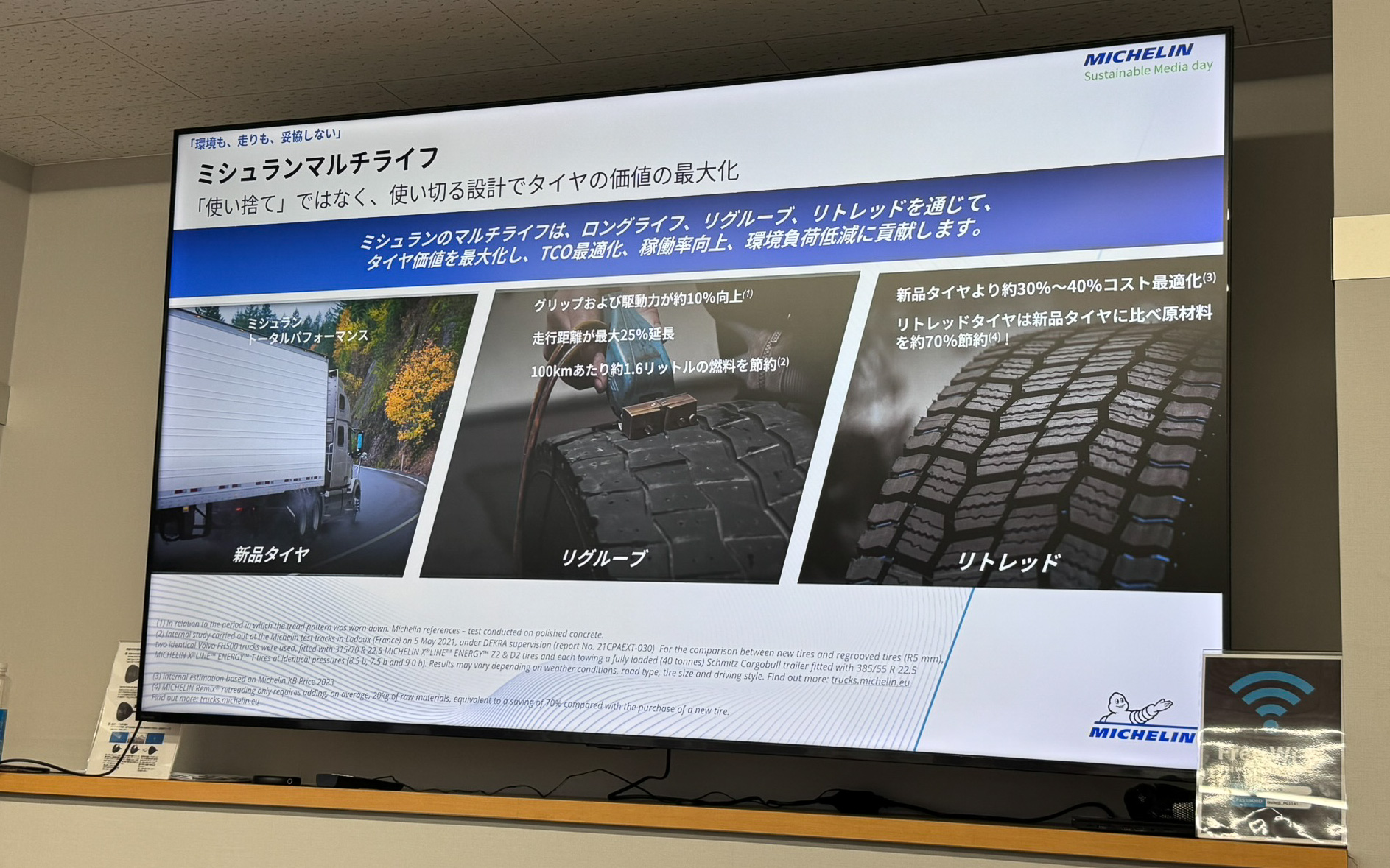 リトレッドは新品タイヤ装着に対して原材料を約70％節約し、約30～40％のコストを最適化する