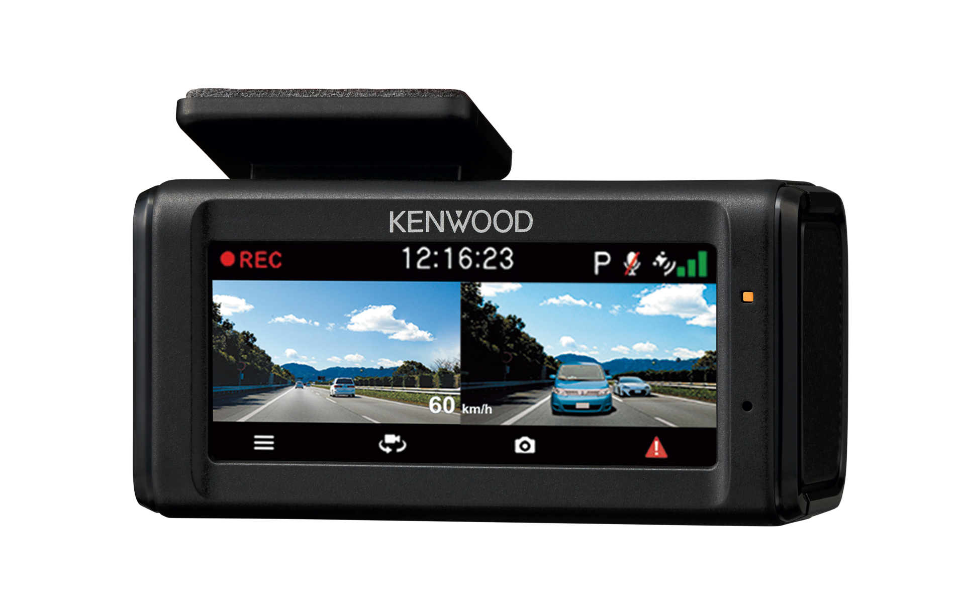 アスペクト比12：5の2.23V型ワイド液晶で前後カメラの2分割表示も可能