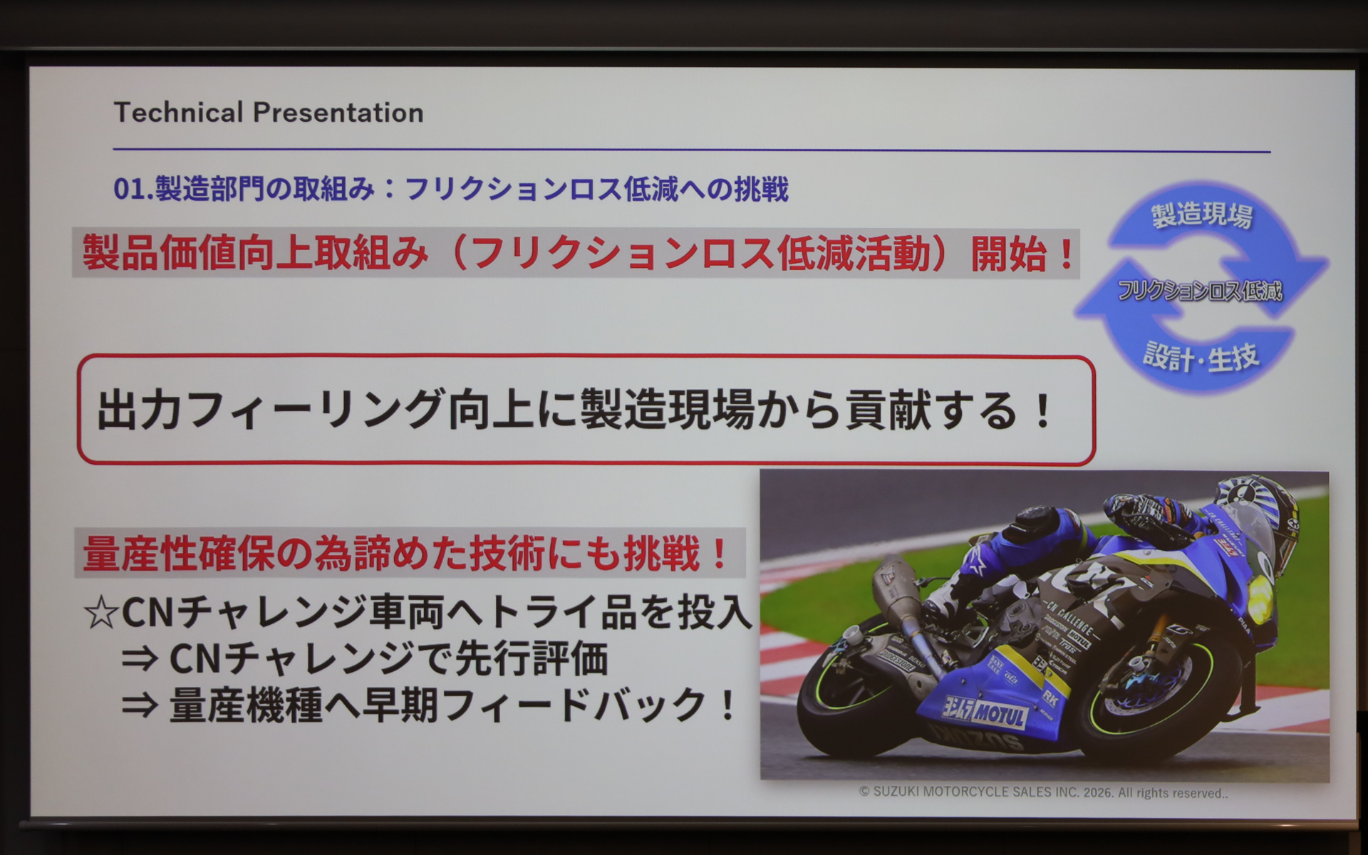 エンジンフリクションの低減につながるスズキスマートファクトリーの取り組みが紹介された