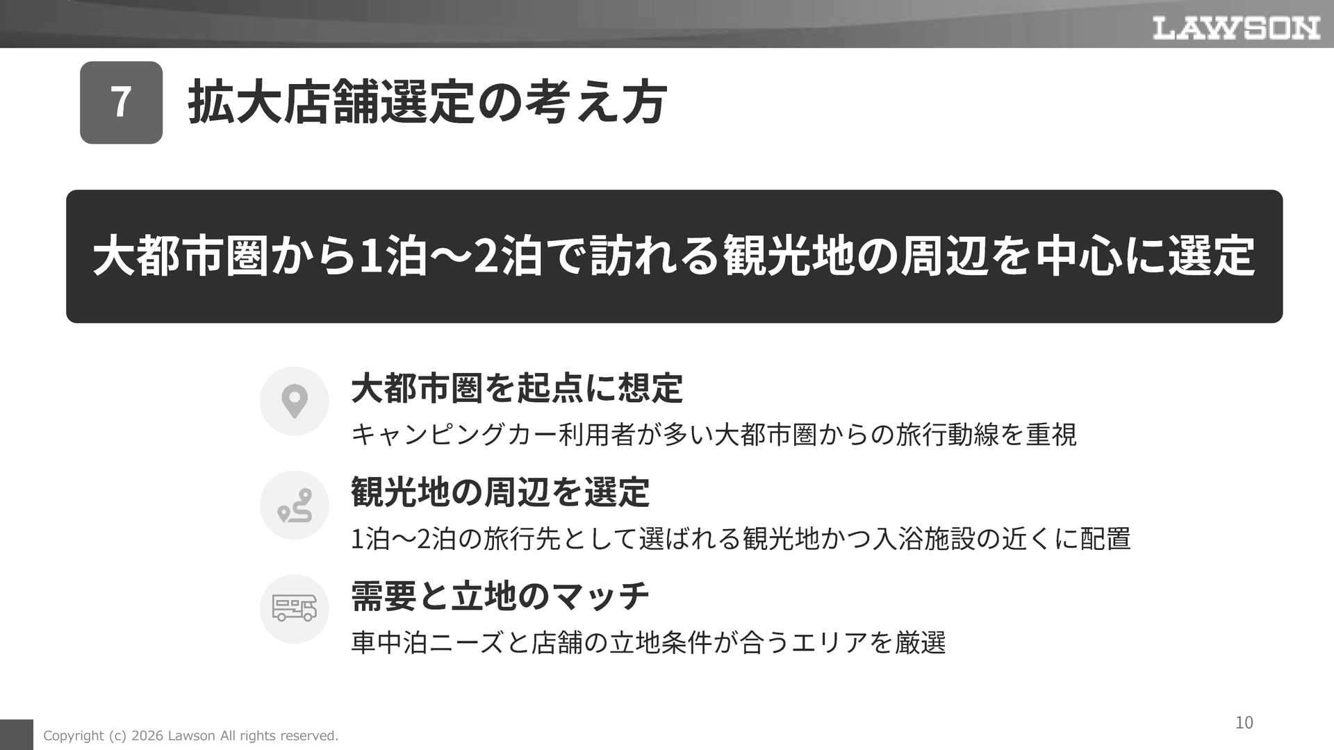 「コンビニRVパーク」の拡大については、1年間の実証実験の結果から、大都市圏から1泊もしくは2泊で訪れる観光地周辺を中心に選定しているとのこと