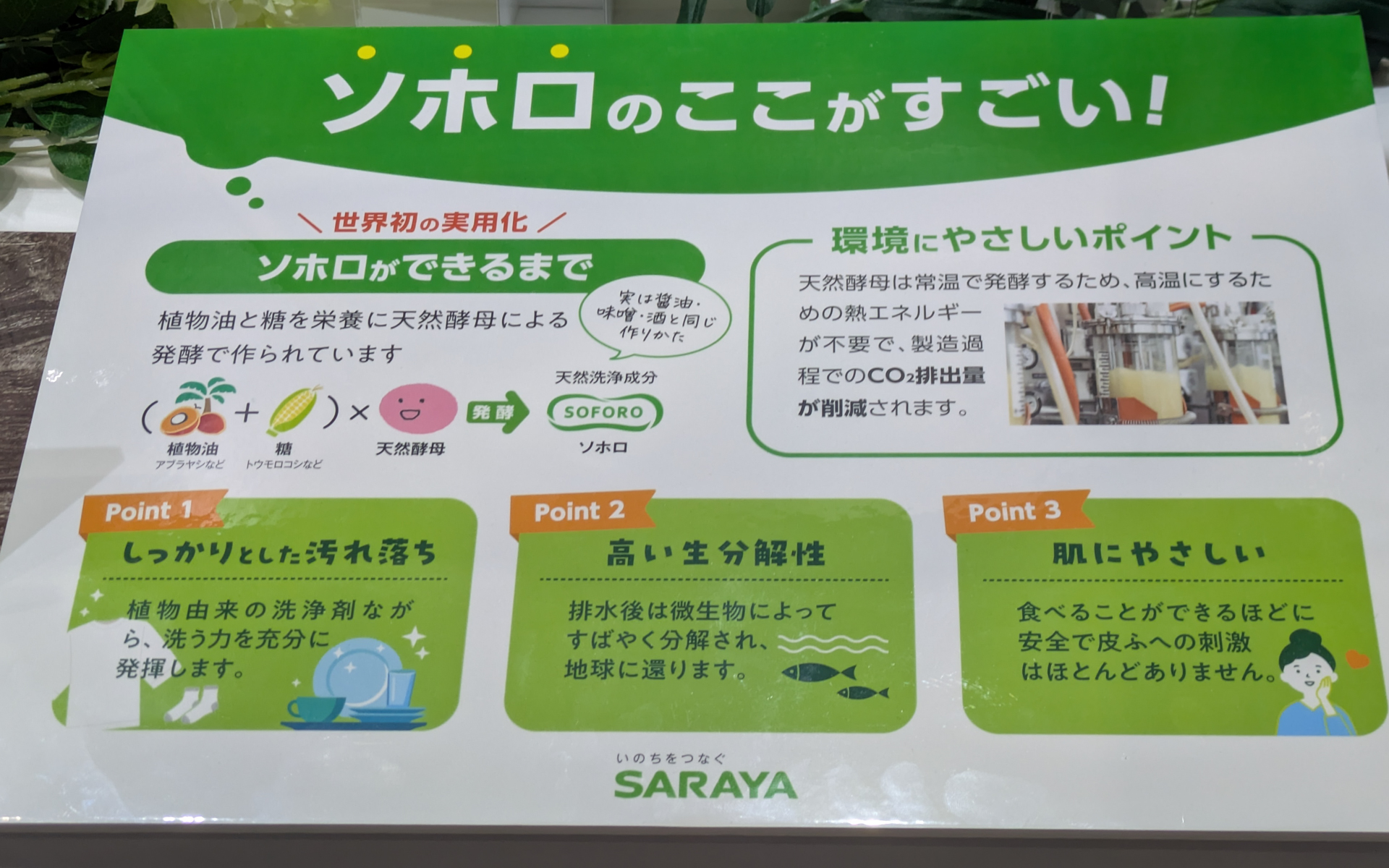 サラヤは、世界で始めて実用化に成功した天然の界面活性剤（バイオサーファクタント）であるソホロ（ソホロリピッド）を使用した洗剤やシャンプーなどを展示している