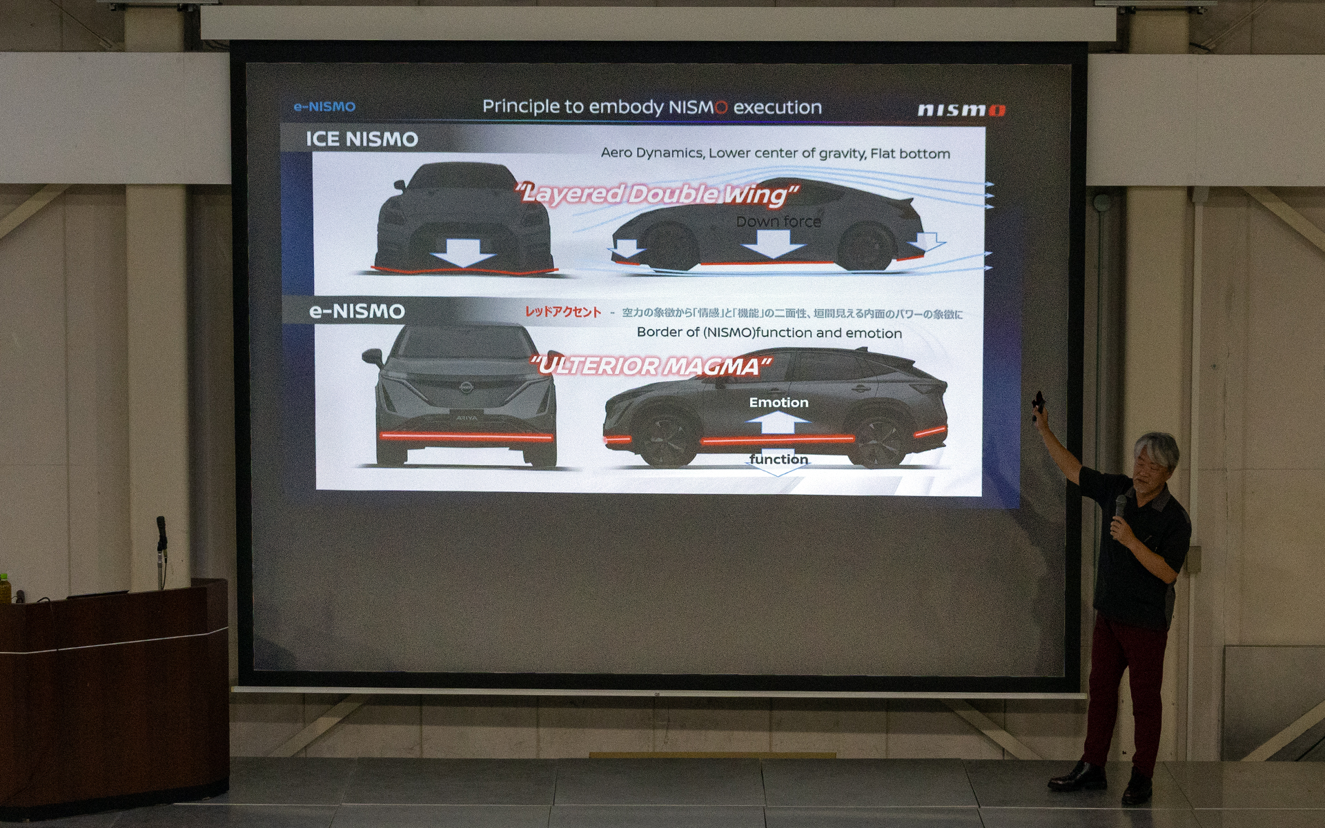 電動車のニスモロードカーにも赤いラインが入っているが、空力性能のよさを際立たせるものではなく、「一見するとおとなしいけれど、内面がアツい」といったことをイメージして、赤いラインがボディの隙間からのぞくようなデザインに変更。これを「アルテリア マグマ」と呼んでいると紹介。ただ、どちらも誰が見ても「ニスモだな」と分かるようにしているとのことだ