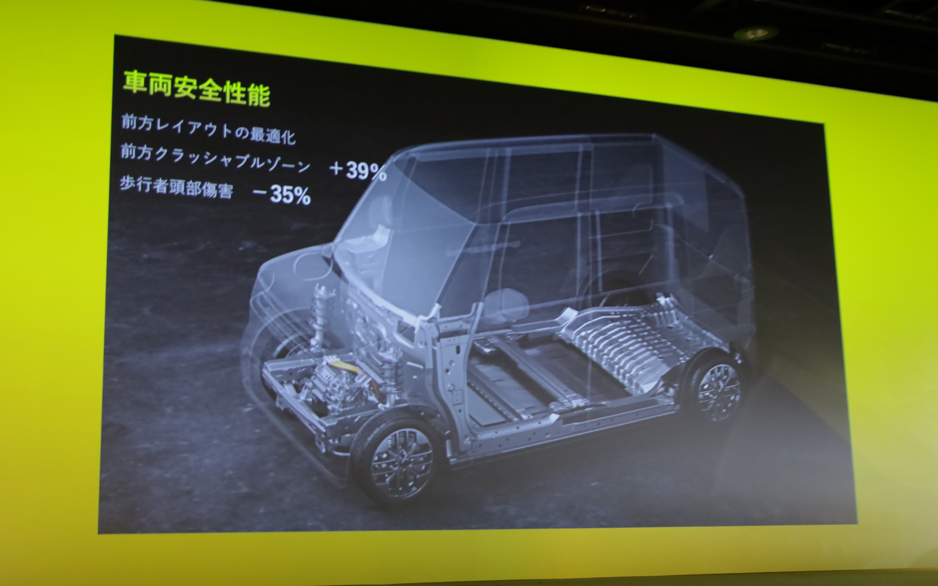 衝突安全性能に向けてエンジン車と比べてクラッシャブルゾーンを39%拡大し、歩行者頭部への衝撃を35%低減させる安全設計とした