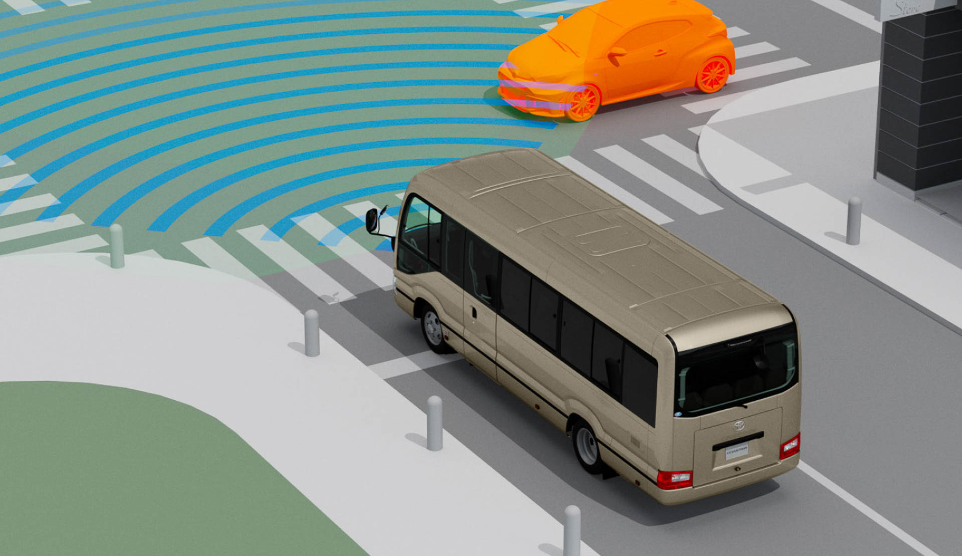 プリクラッシュセーフティ「交差点」出合い頭時の車両・自動二輪車検知機能（作動イメージ）