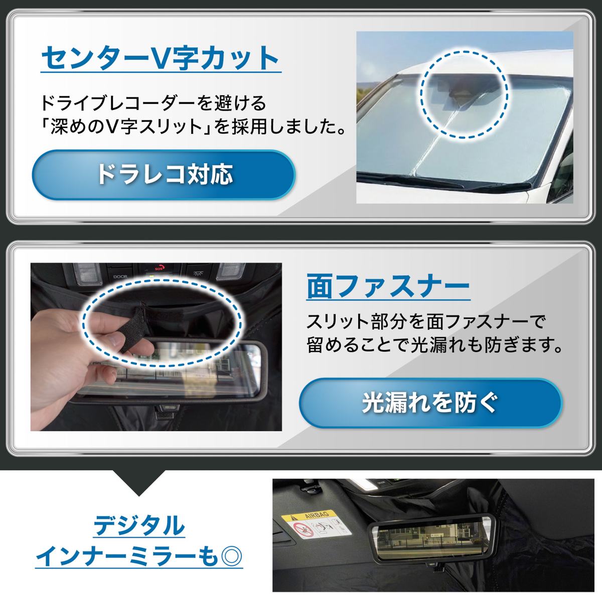 深めのV字スリットを採用。デジタルインナーミラーにも対応