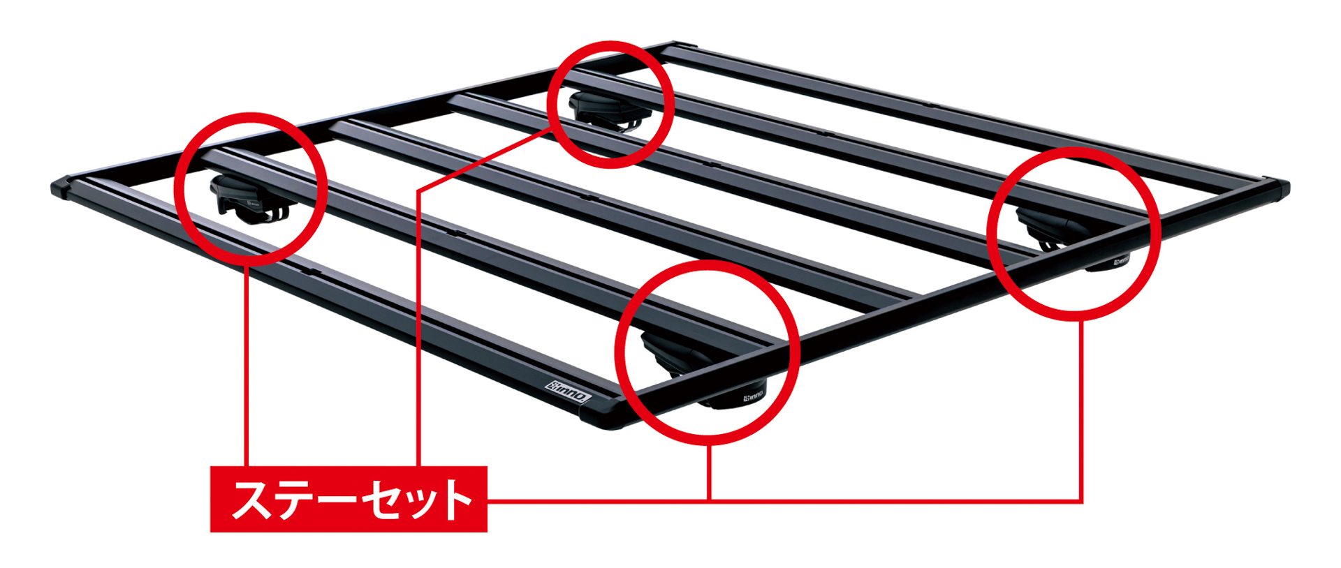 4つのステーでルーフレールに装着し、各ステーにはキーロックが付いている