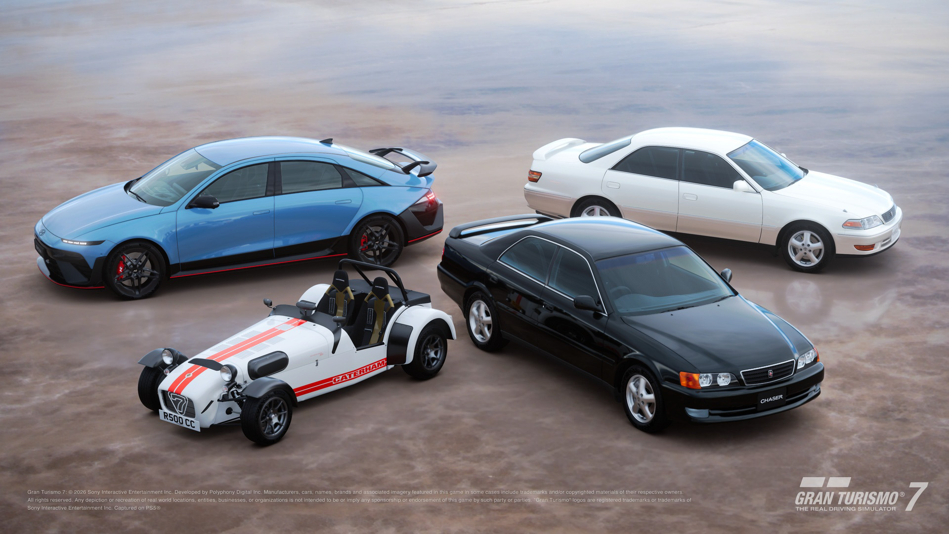 「グランツーリスモ7」の新規収録車種として追加される「トヨタ チェイサー Tourer V '97」「トヨタ マーク II Tourer V '97」「ケータハム セブン Superlight R500 '08」「ヒョンデ アイオニック 6 N '25」