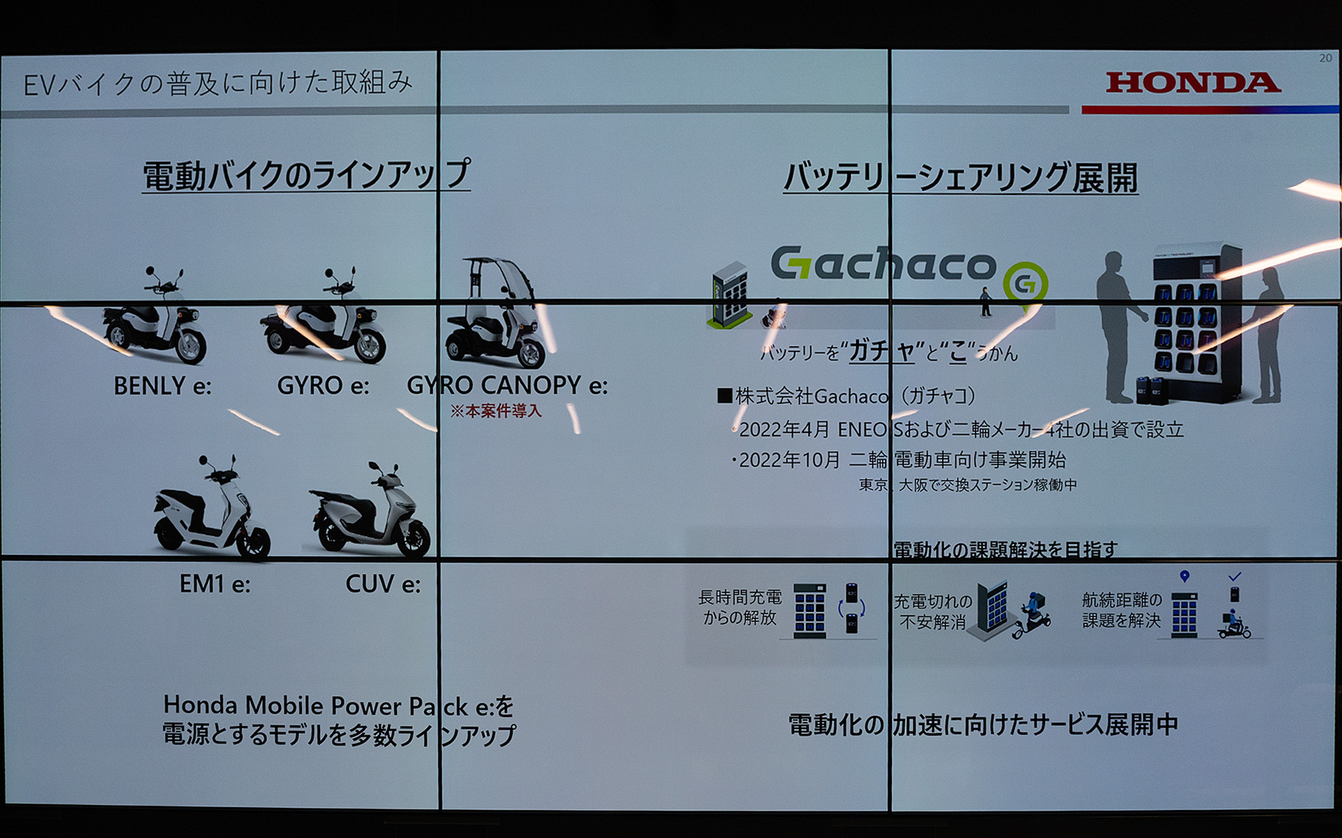 ホンダの電動バイクには、モバイルパワーパック イーが使用されている。それらに対して長時間充電や充電切れの不安解消などの課題を解決するために、バッテリシェアリング「ガチャコ」が展開されている。現在は東京、大阪で交換ステーションが稼働している