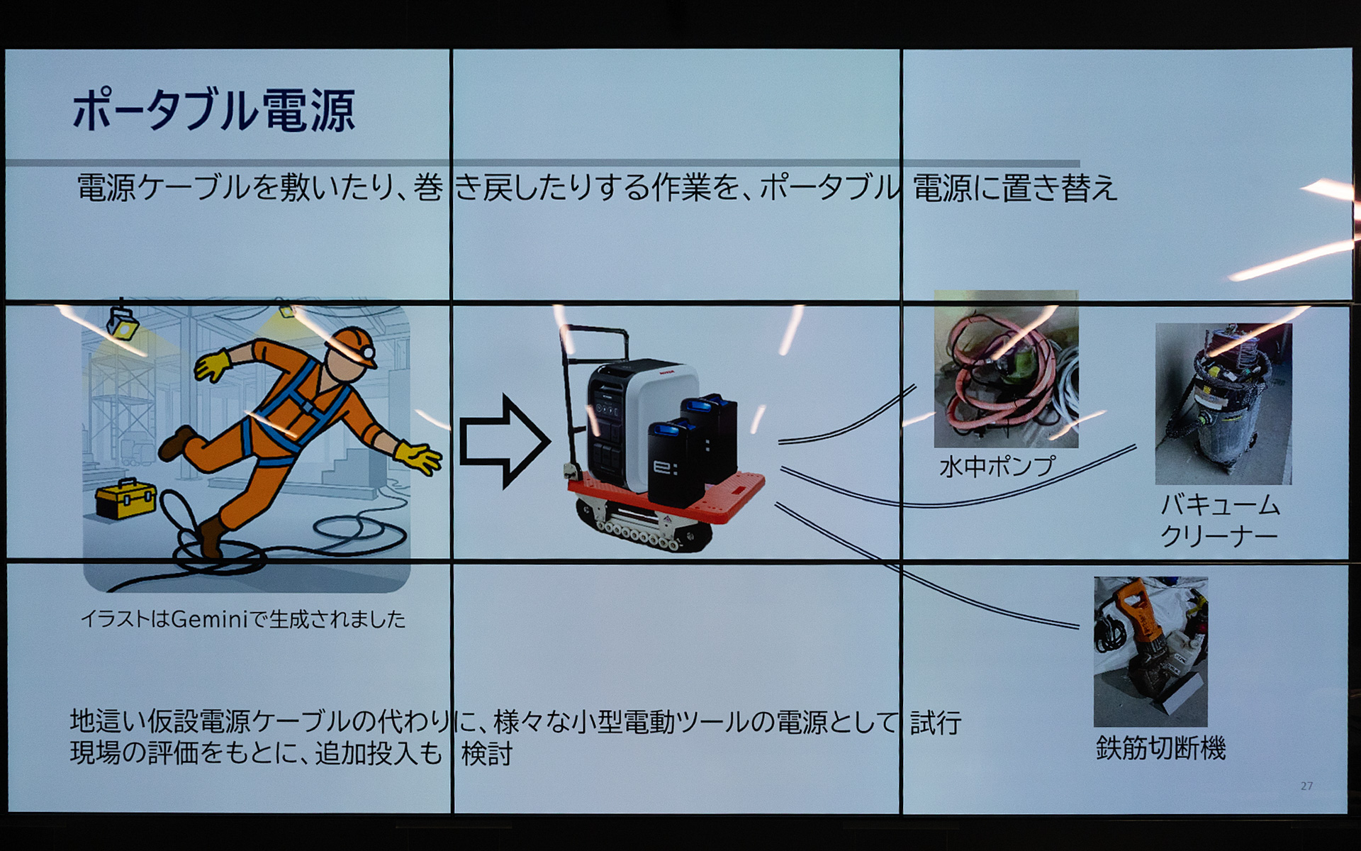 電源ケーブルを取り回す作業をポータブル電源に置き換えることも行なう