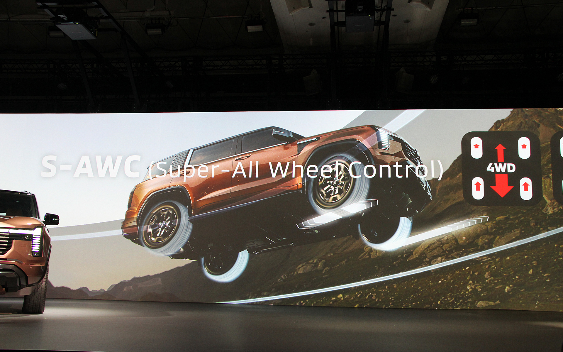 車両運動統合制御システム「S-AWC」を採用。4WDシステムは走行シーンに応じて2H（後輪駆動）、4H（フルタイム4WD）、4HLc（センターデフロック）、4LLc（ローギヤ＋センターデフロック）の4つのモードを任意で選択でき、オフロードでの高い走破性とオンロードでの優れた操縦安定性を両立する「SS4-II」を搭載