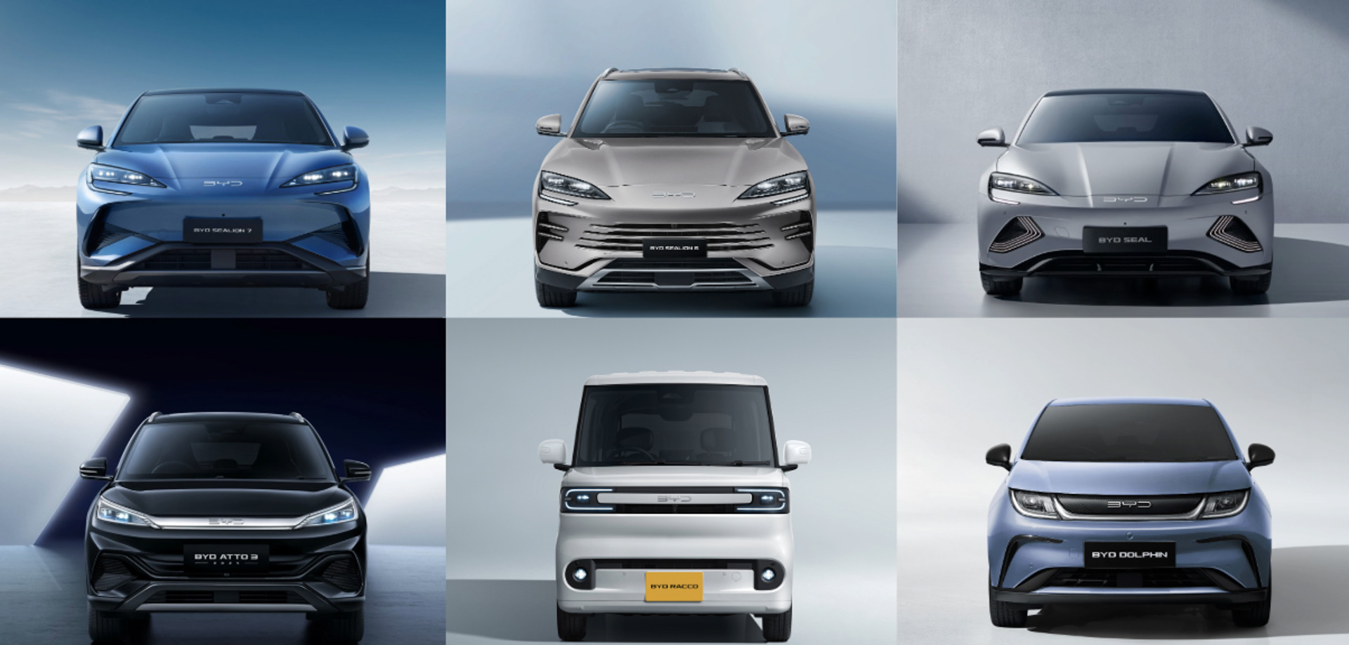 BYDが展開する「ラッコ」「ドルフィン」「ATTO 3」「シール」「シーライオン6」（PHEV）「シーライオン7」（BEV）の計6モデル
