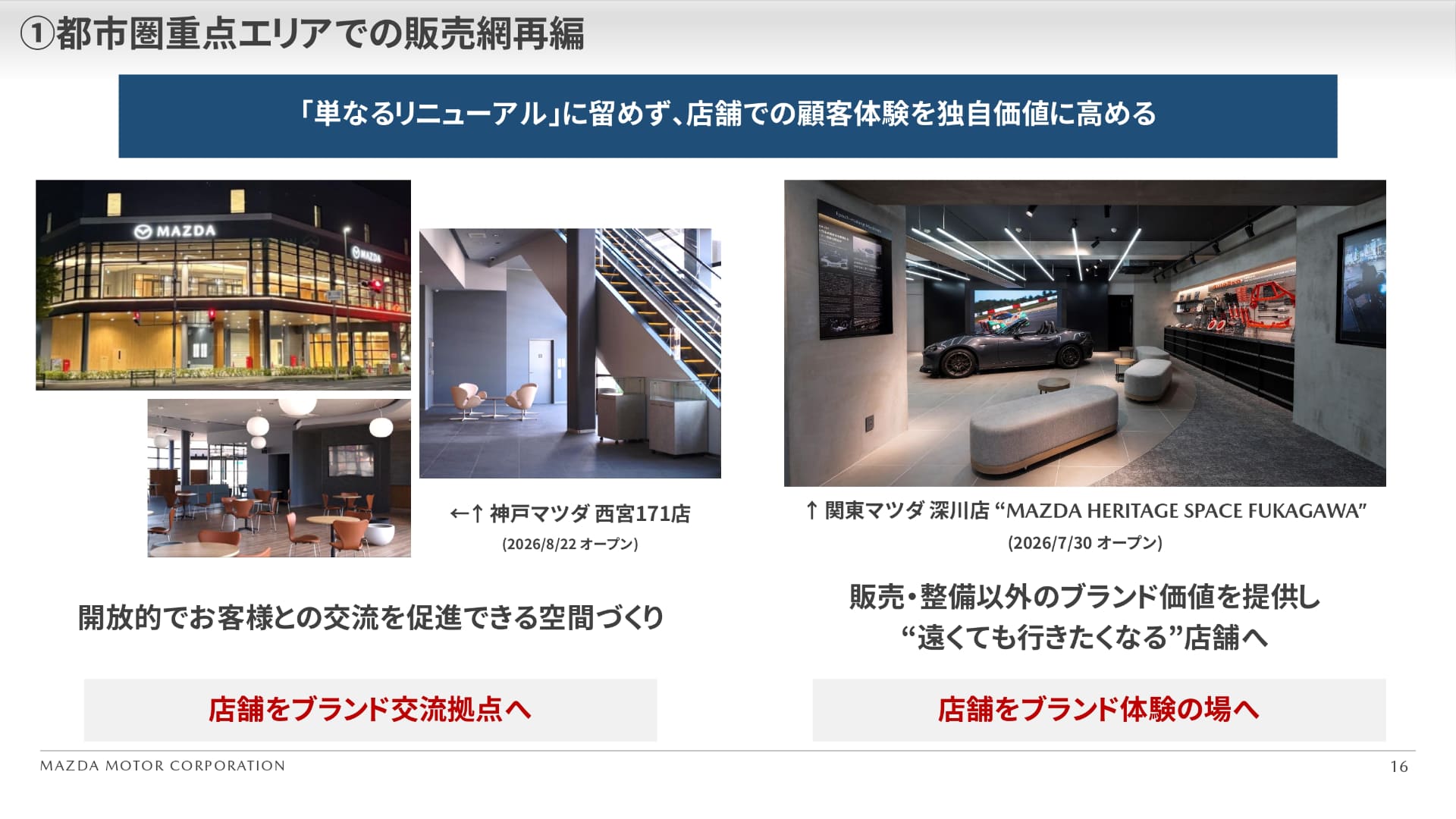 左は販売や整備以外のブランド価値を提供することで、遠くても行きたくなる店舗へと進化したフラグシップ店「神戸マツダ 西宮171店」（2026年8月にオープン）。右はマツダのモータースポーツ発祥の地である深川店に、モータースポーツを楽しんでもらうための工夫を取り入れた「関東マツダ深川店」（2026年7月にオープン）