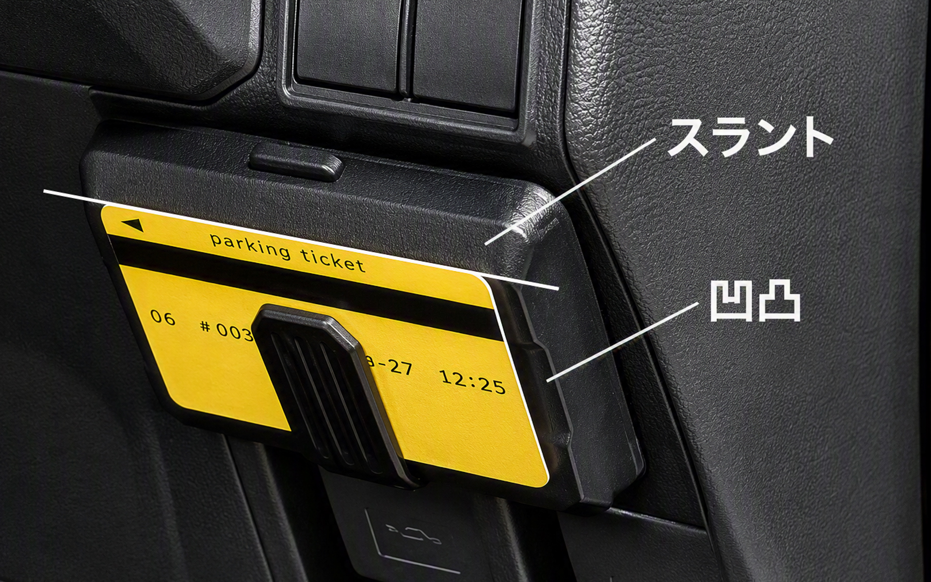 フタにはチケットクリップに挟んだカードを横と上のどちらからでも取り出しやすくする傾きを配置