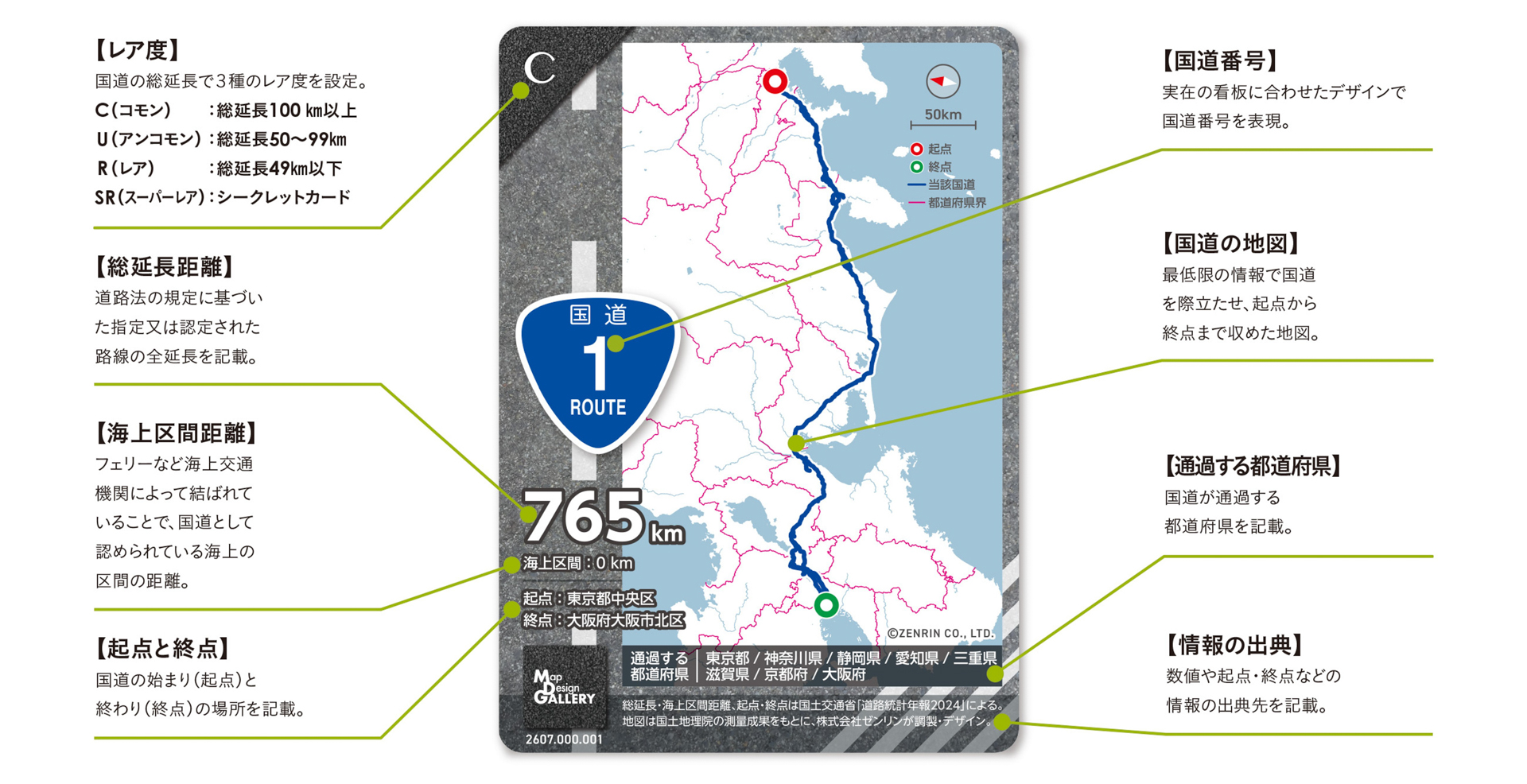 表面には国道の路線を描いた地図に加え、国道番号を示す道路標識、総延長距離、海上区間距離、起点・終点を、裏面には日本列島の中での位置や範囲を表記