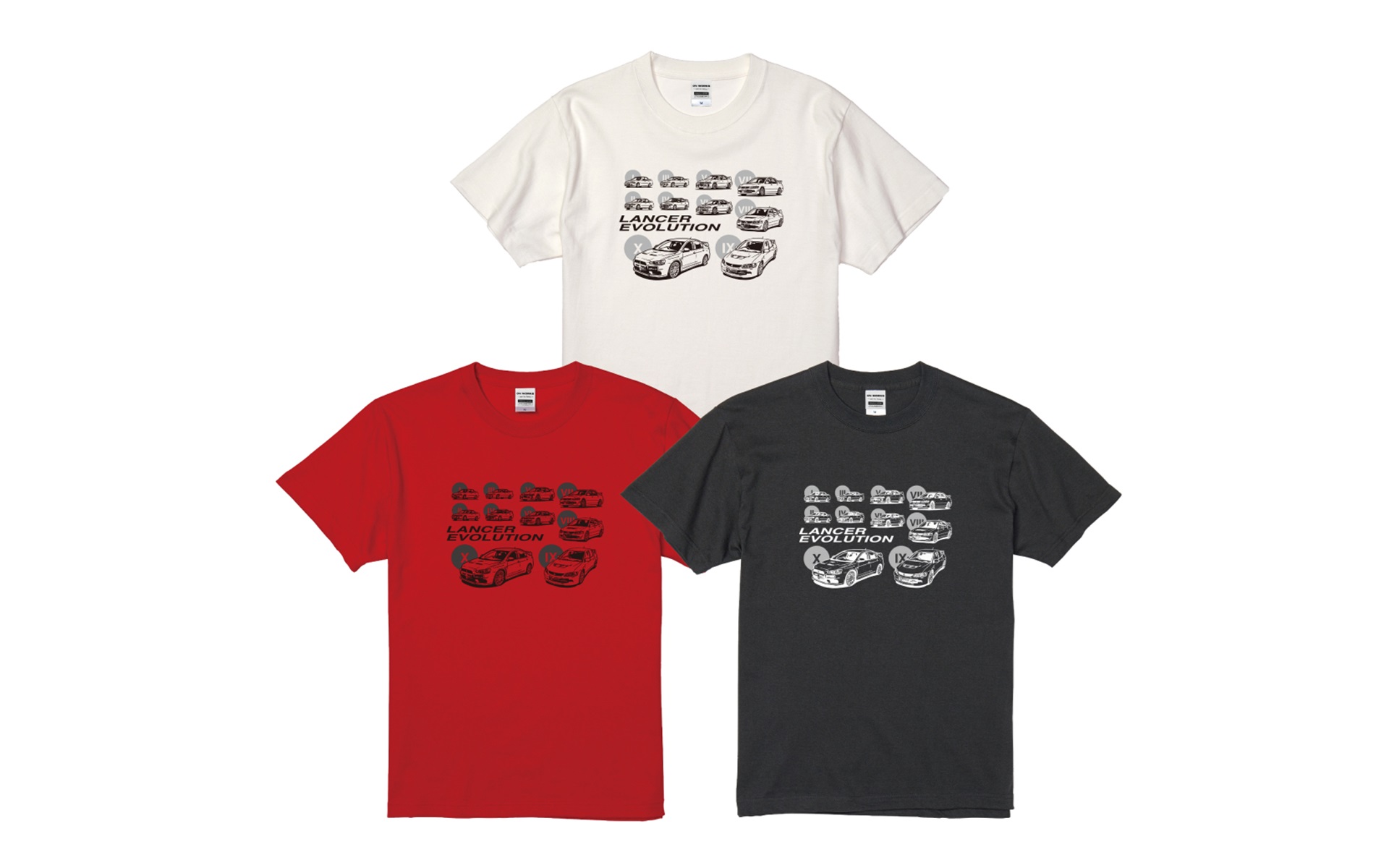 歴代ランサーエボリューションを描いたTシャツが登場