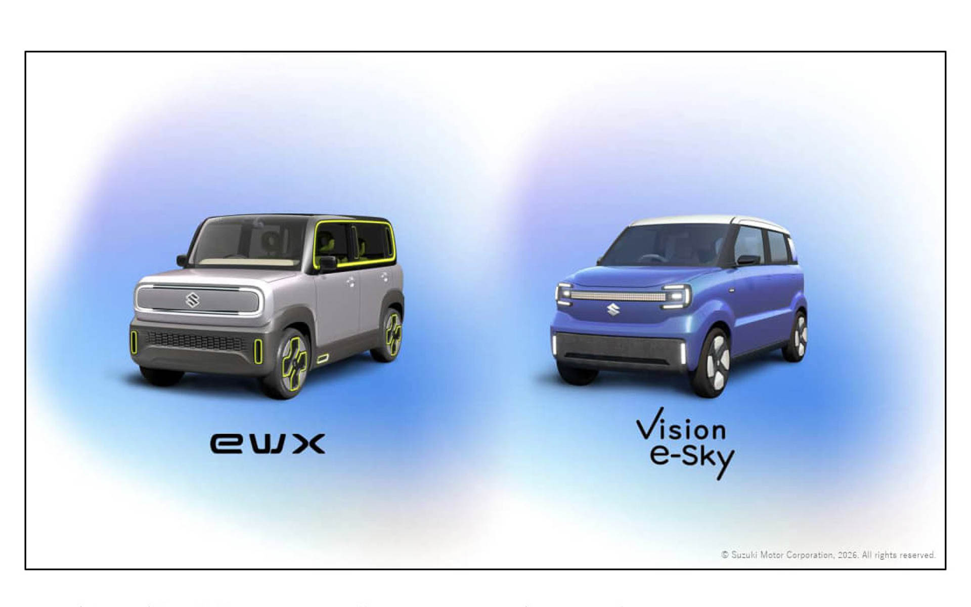 2023年と2025年のジャパンモビリティショーに参考出品車として展示した「eWX」「Vision e-Sky」の2台のEVコンセプトモデルについて話す鈴木氏