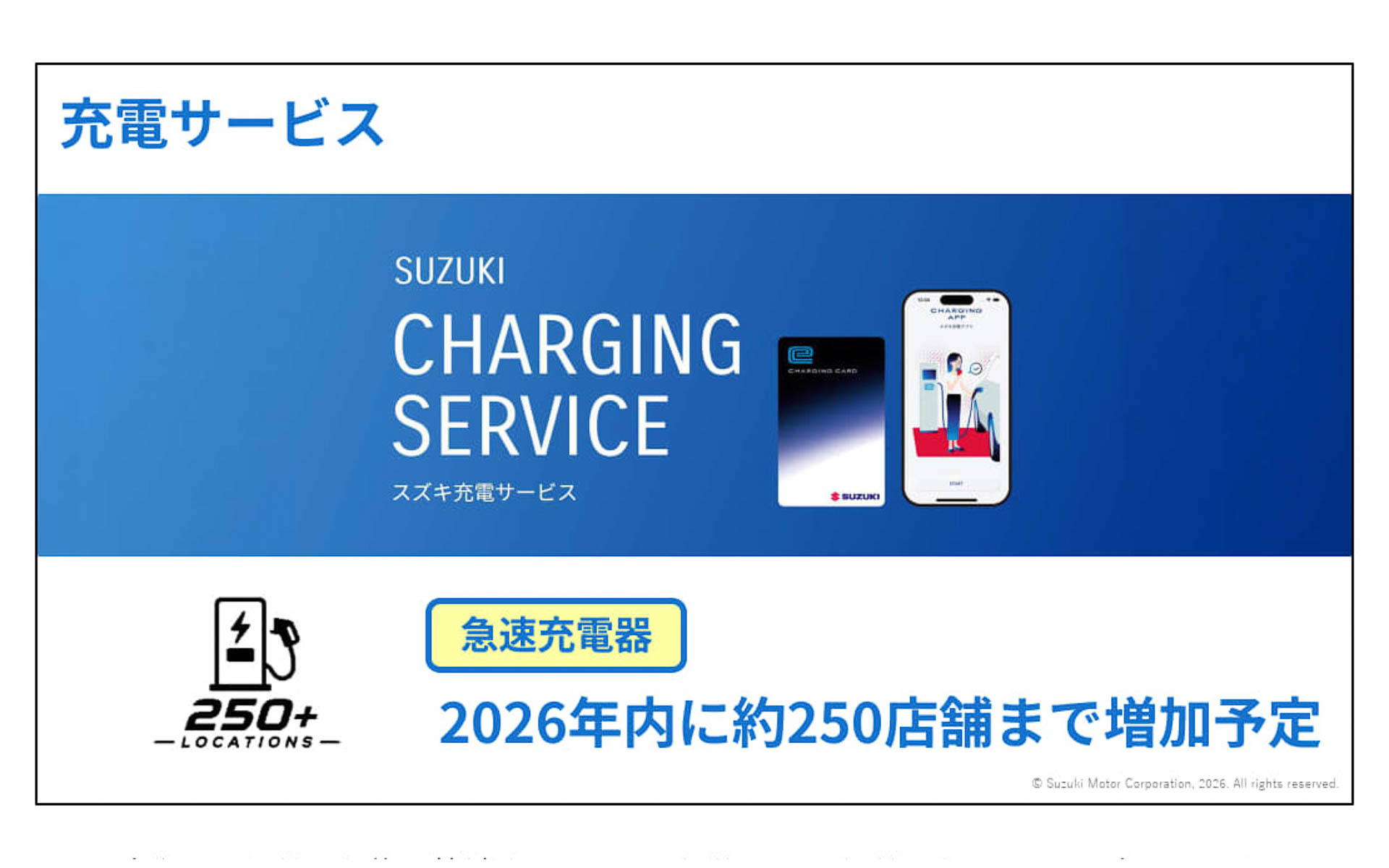 充電サービスは「スズキ充電サービス」を用意し、2026年内に急速充電器の設置数を250店舗まで増やしていく