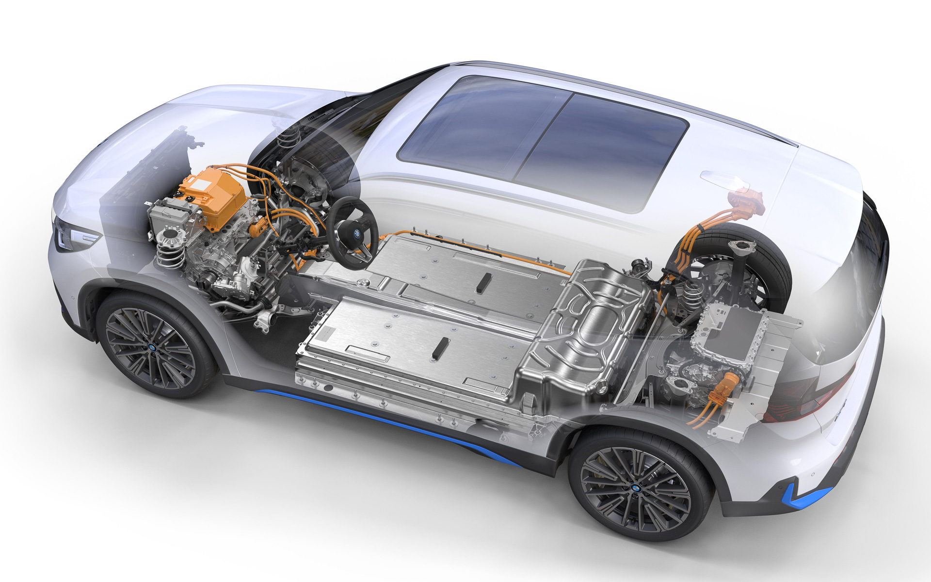 xDrive30の透視図。車両の前方側に「HB0001N1型」、後方側に「HB0002N0」のモーターを搭載する