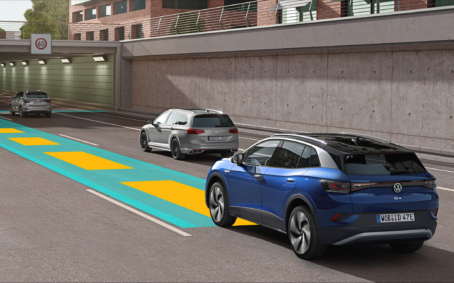 ID.4 Proで標準装備する同一車線内全車速運転支援システム「Travel Assist」の作動イメージ