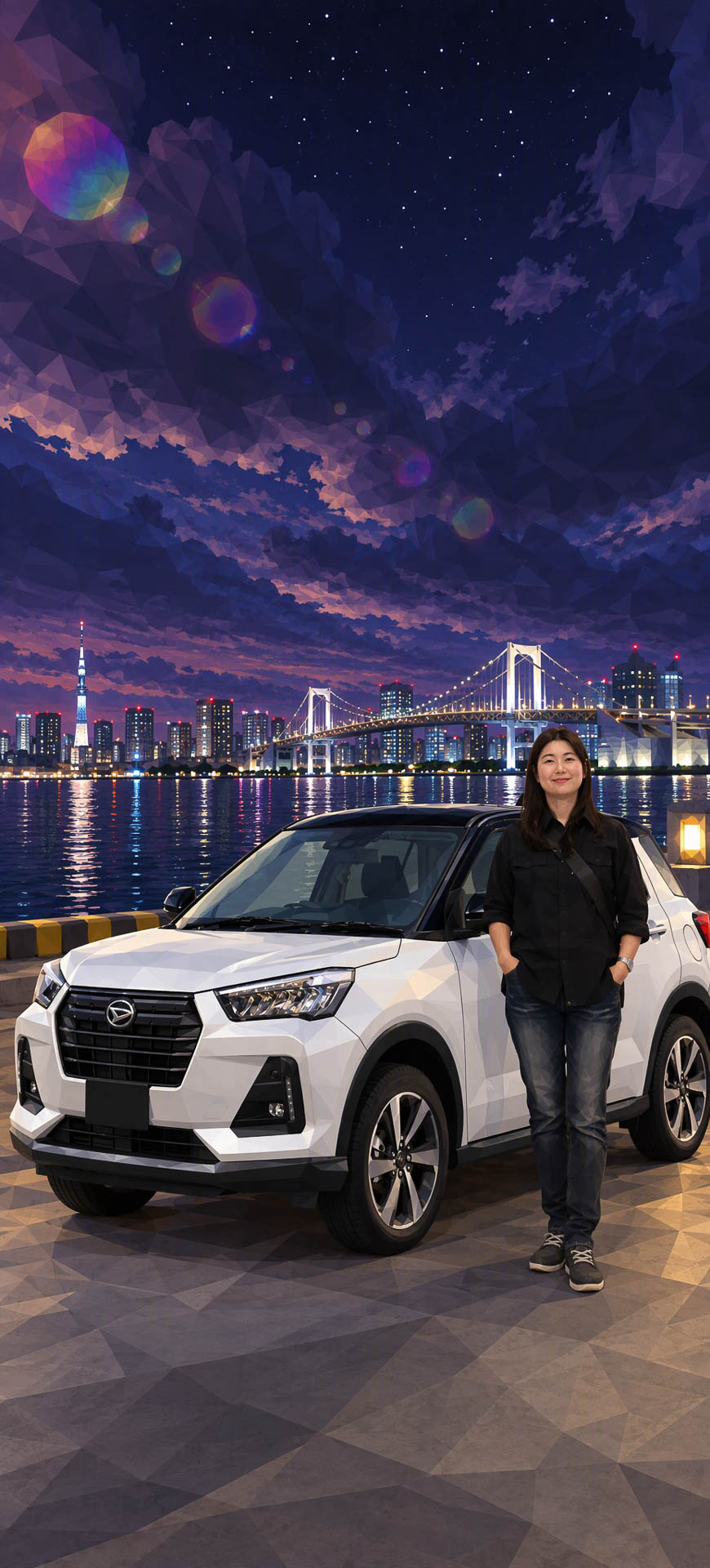AIが生成した画像。提案してきた車両は「ロッキー」。服装はそのままだが、ポーズはAIによって変えられている。あと、顔がちょっと違う（笑）。