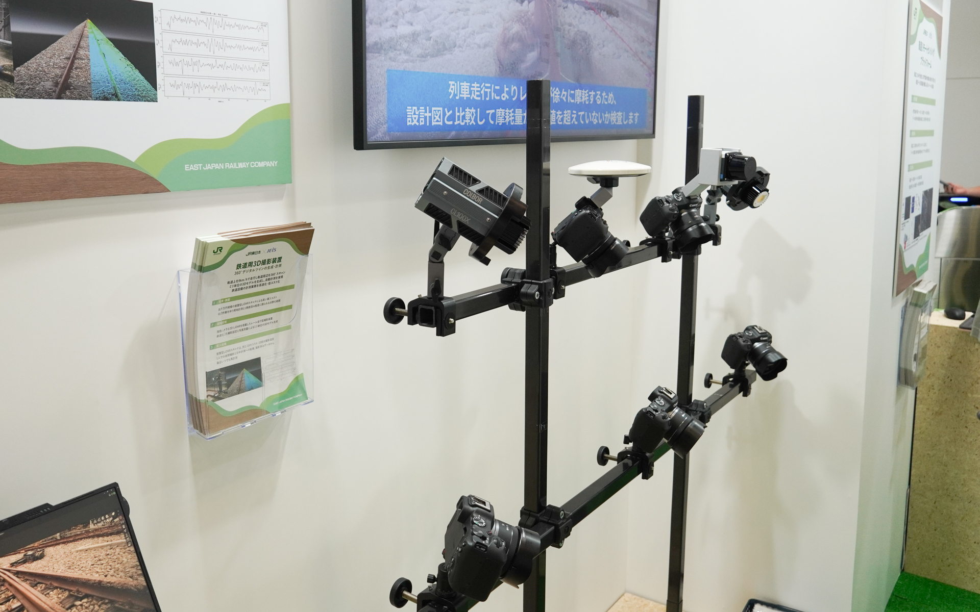 鉄道用3D撮影装置は、市販カメラを複数使って3D点群データを作成する。これを線路上で動かしていくことでデータが取得できる
