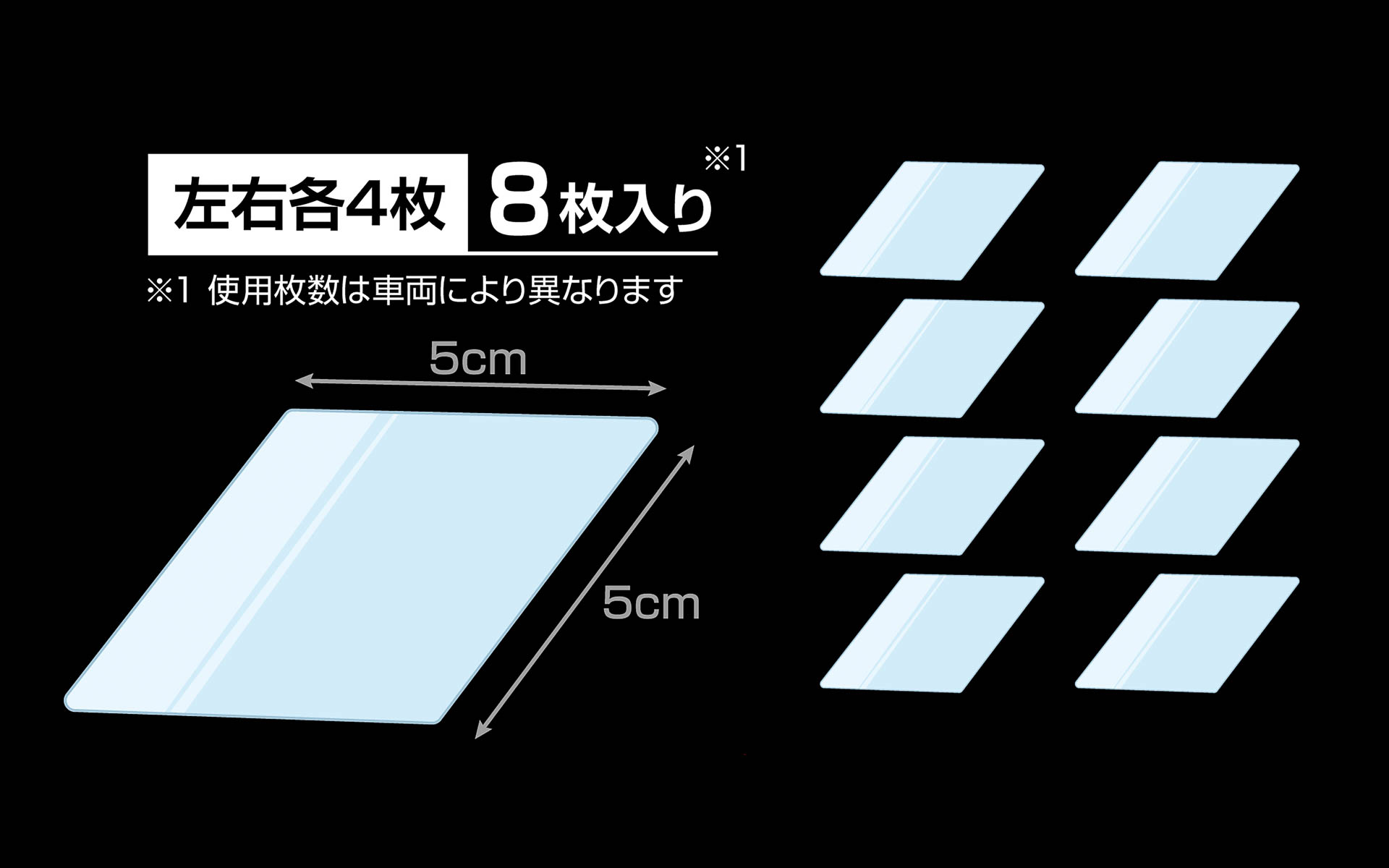 フィルムは5cm×5cmのひし形形状。さまざまなタイプのヘッドライトに対応するよう、左右で4枚ずつ使える8枚入り