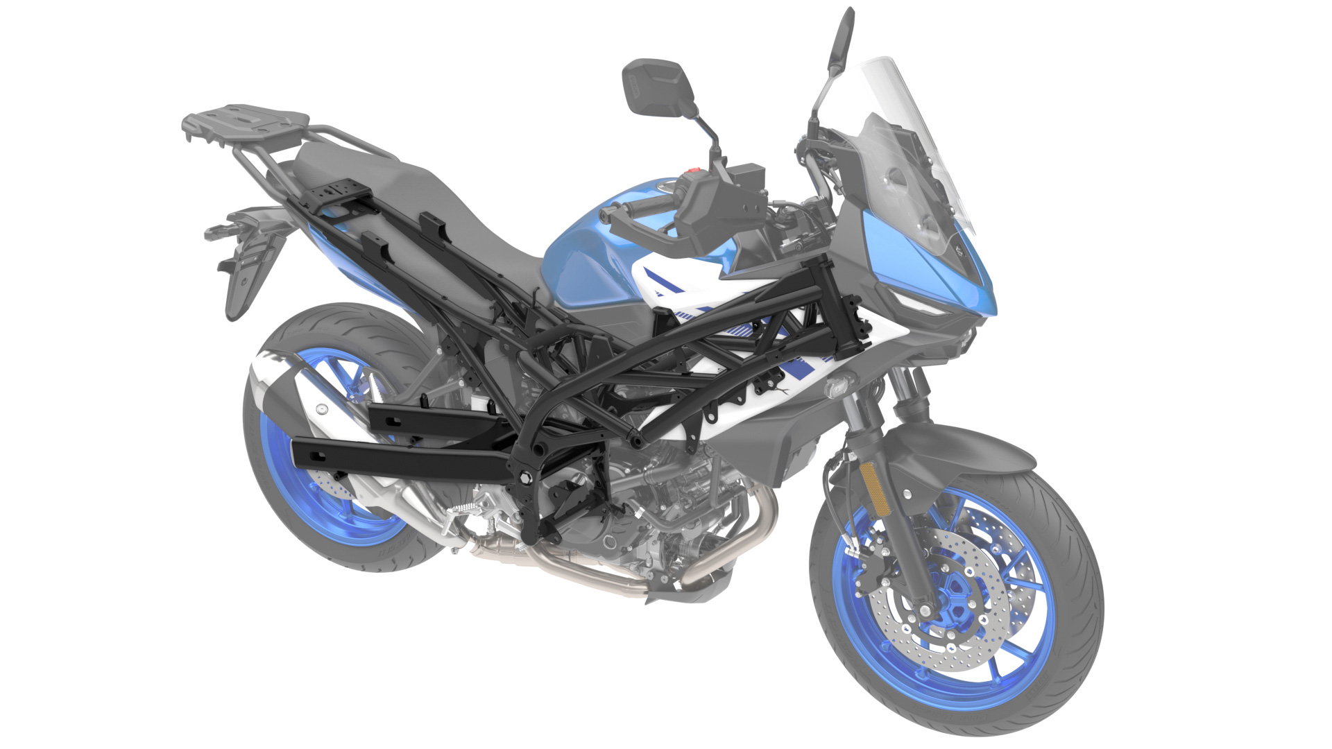 シャシーは、しなやかな剛性感としなりを両立する「SV650」のスチール製トレリスフレームを踏襲しつつ、クロスオーバー専用のディメンションへと最適化が図られた